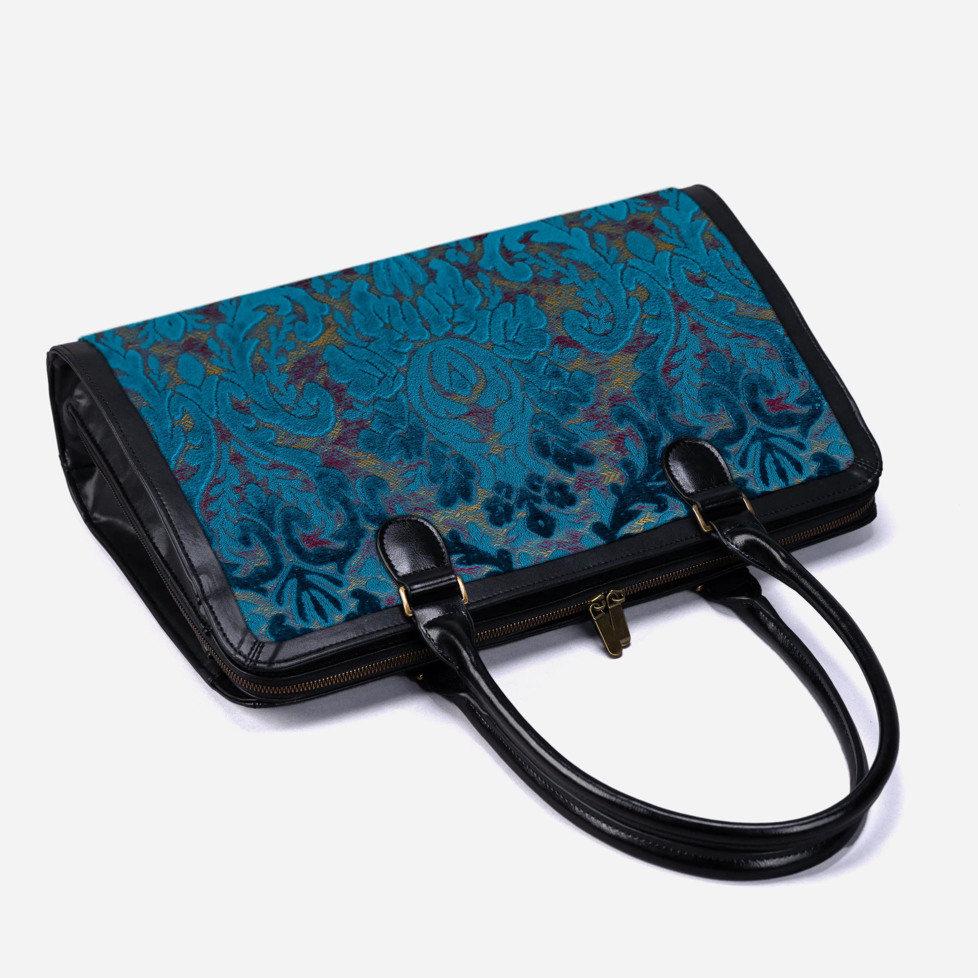 Burnout Velvet Aqua Blue Business Tote  of America  lay flat