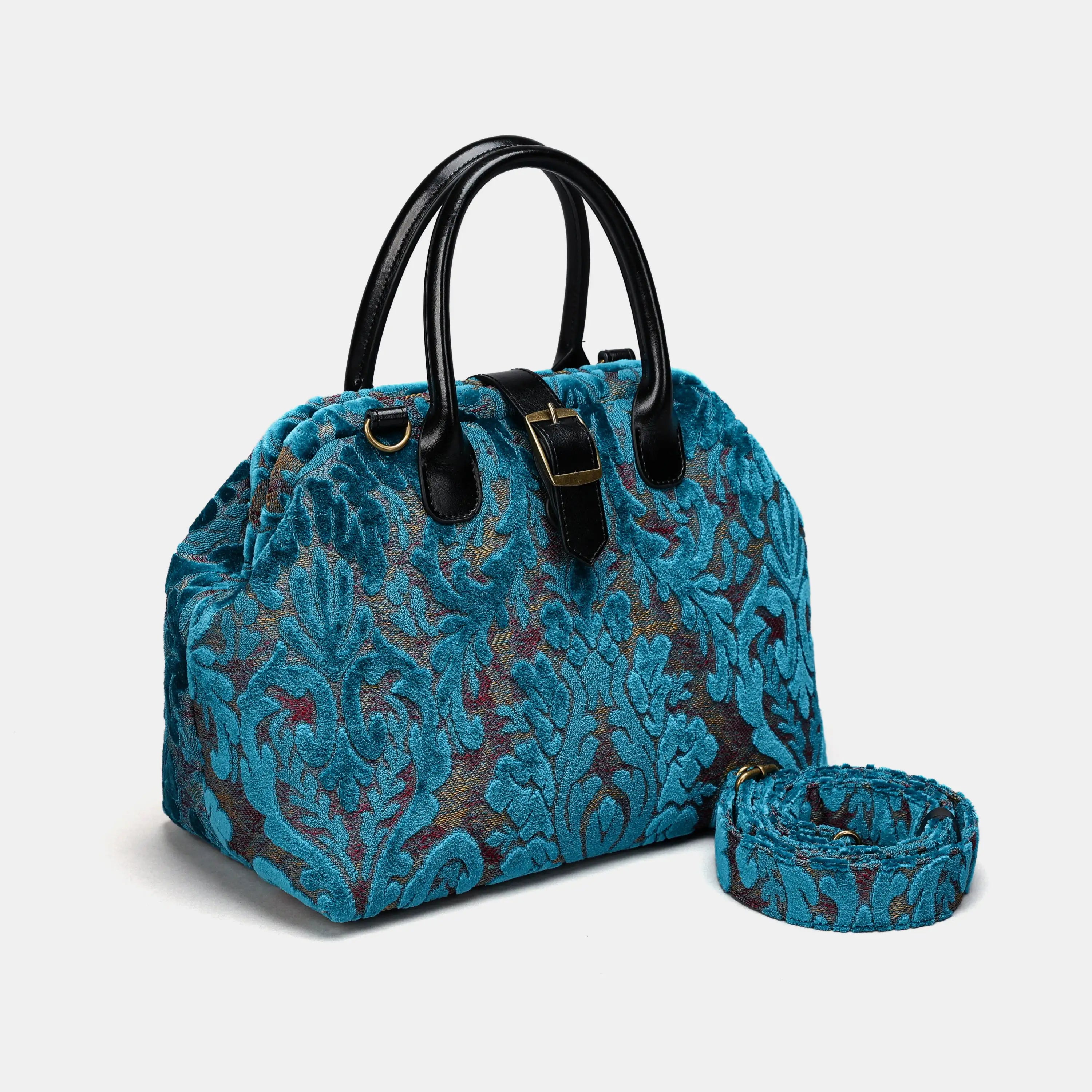 Burnout Velvet Aqua Blue Carpet Handbag Purse carpet bag MCW Handmade of America with strap