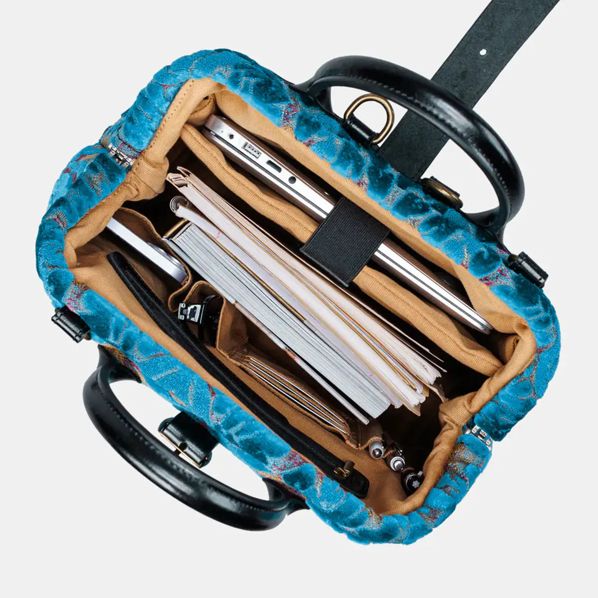 Burnout Velvet Aqua Blue Carpet Laptop Backpack Carpetbag of America inside
