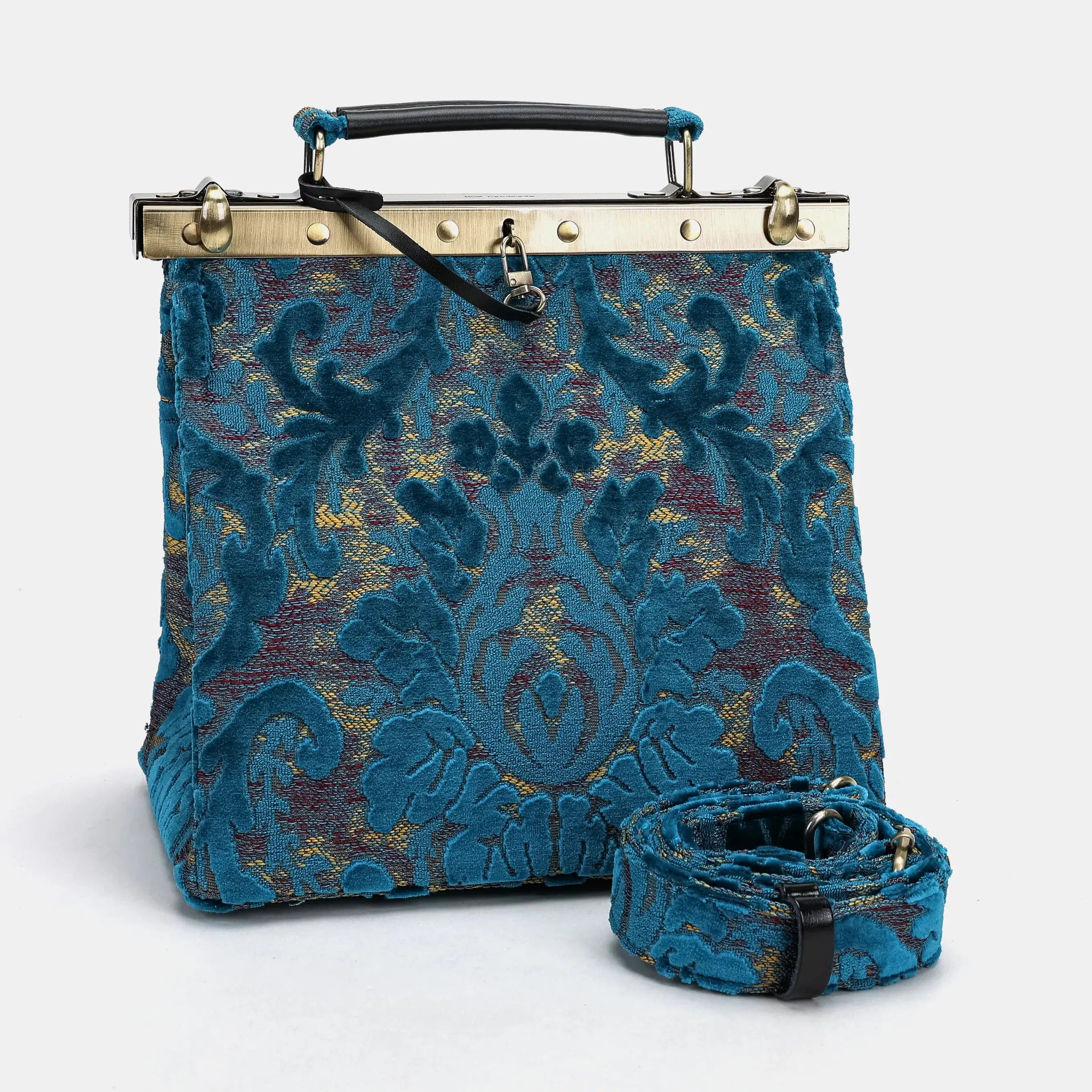 Burnout velvet Aqua Blue Cecile Carpet Purse Gladstone Bag of America with shoulder strap