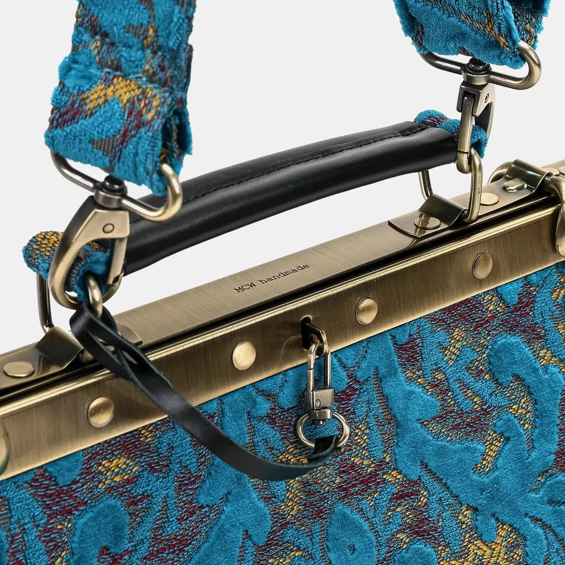 Burnout velvet Aqua Blue Cecile Carpet Purse Gladstone Bag of America handle