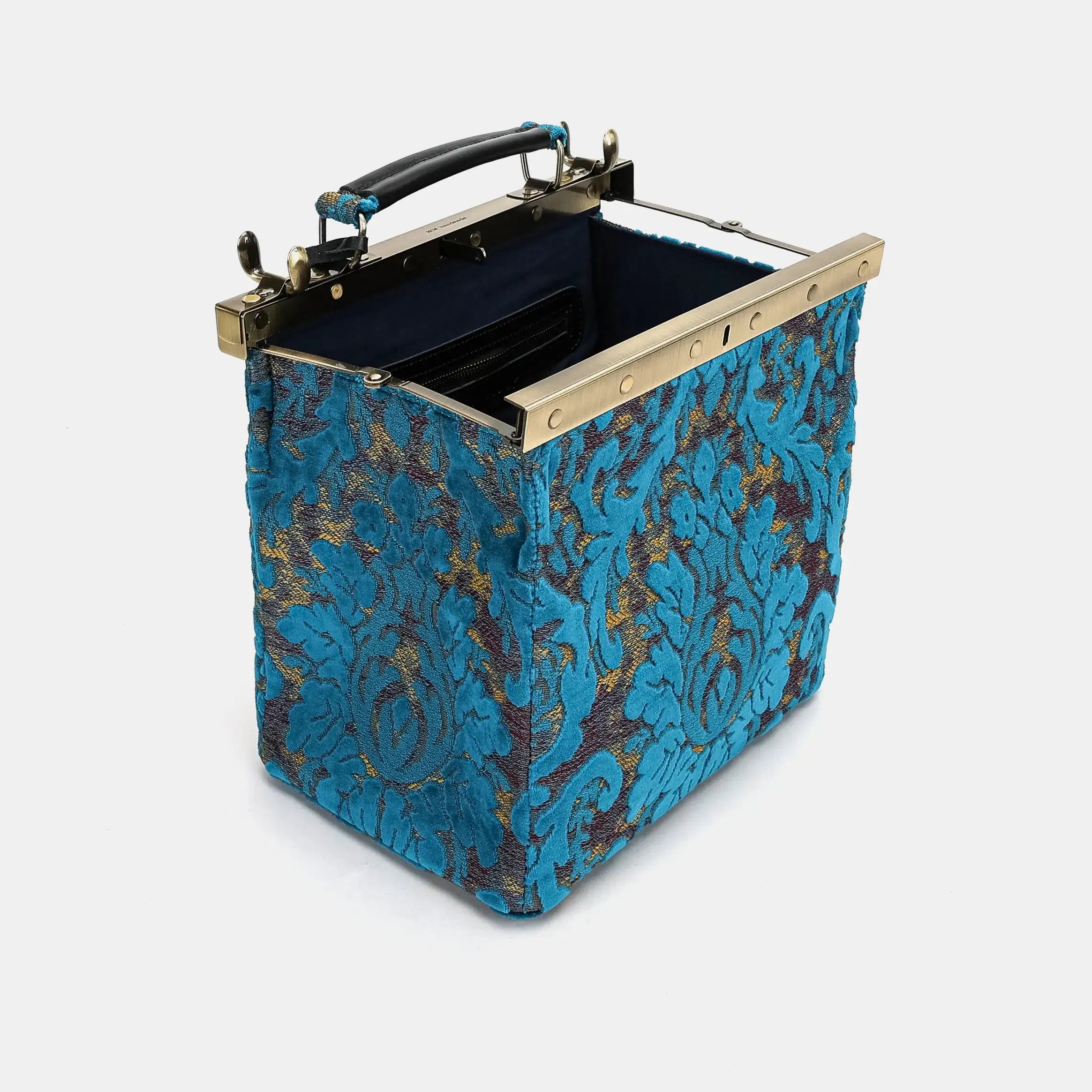 Burnout velvet Aqua Blue Cecile Carpet Purse Gladstone Bag of America open and stand