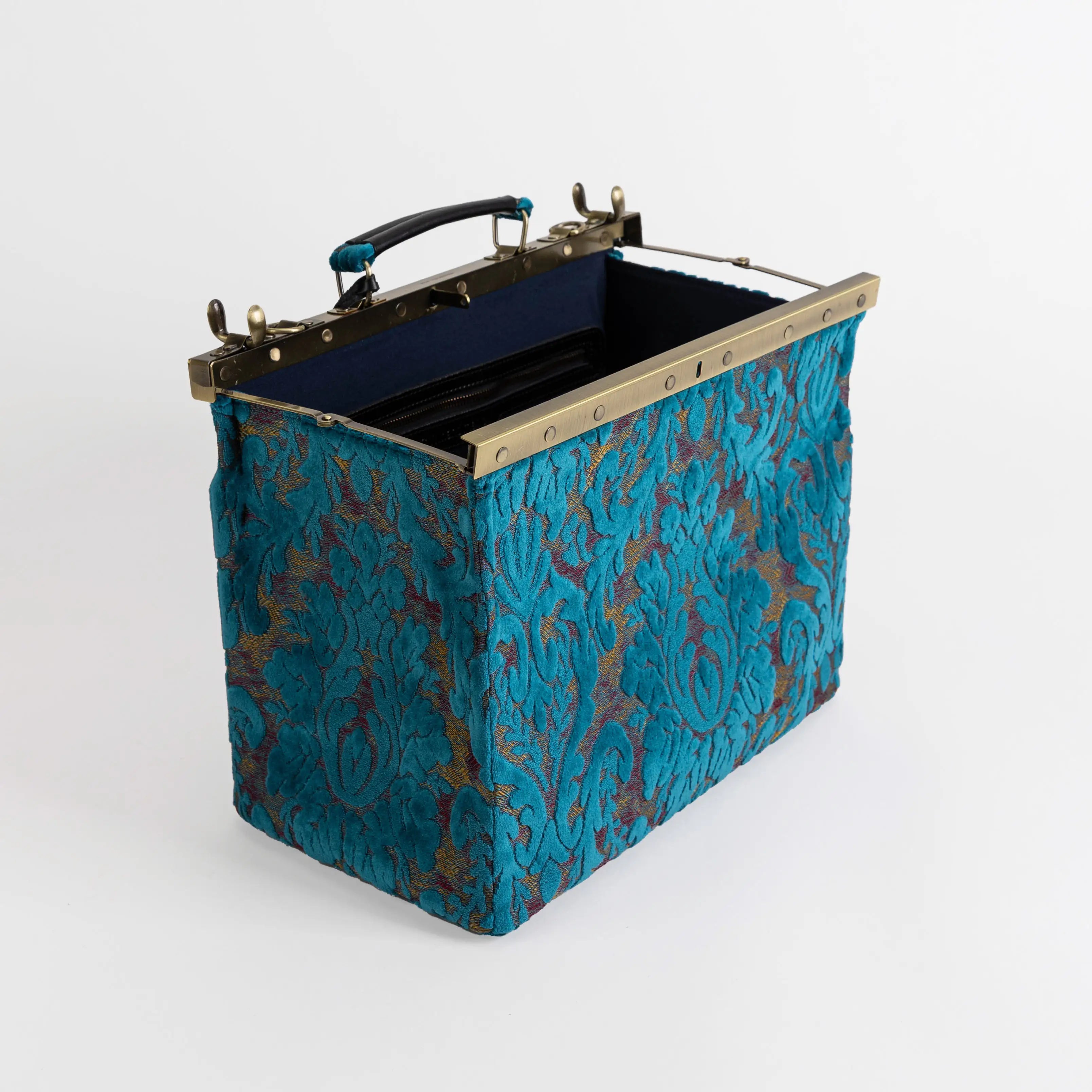 Burnout Velvet Aqua Blue Celine Carpet Gladstone Bag of America open and stand