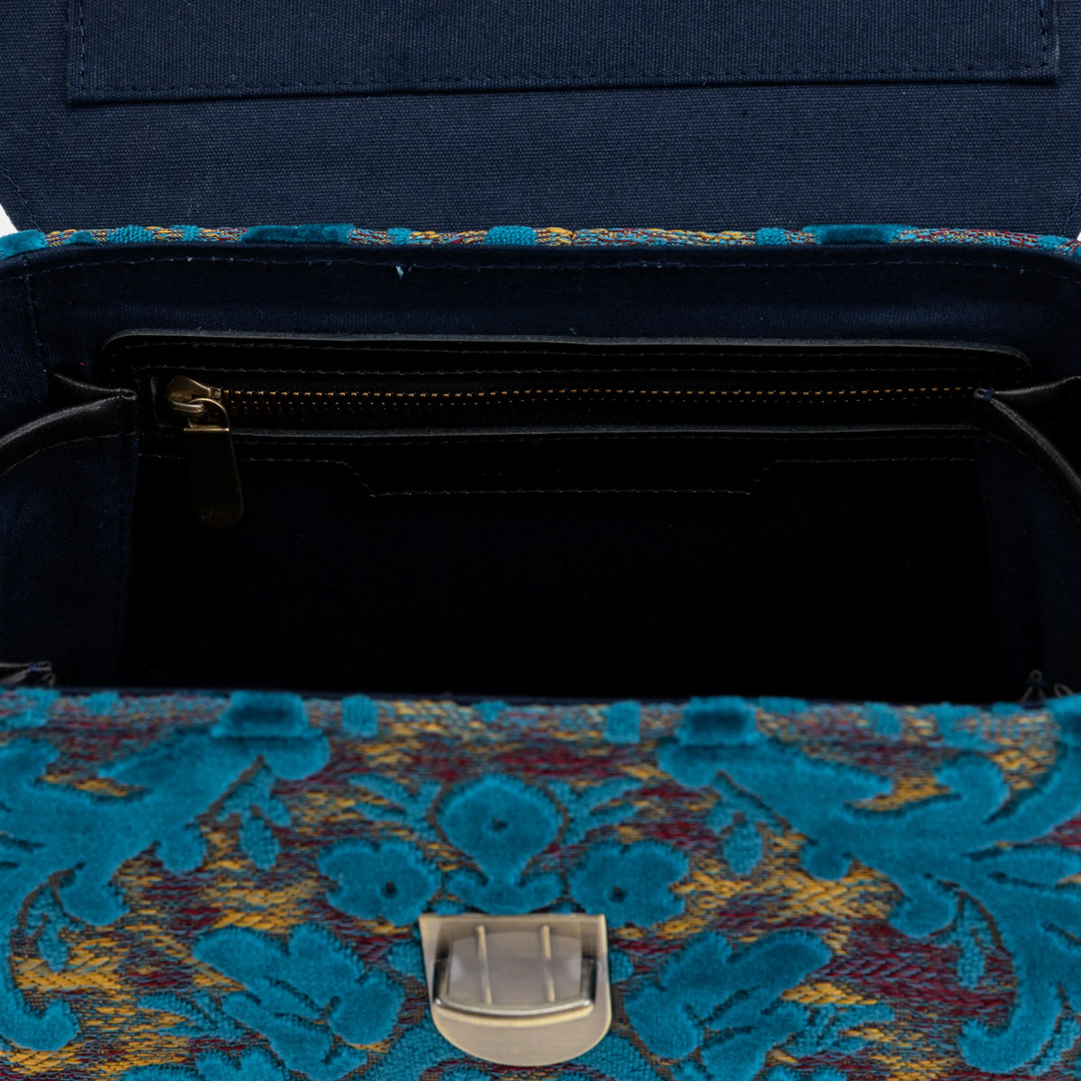 Burnout Velvet Aqua Blue Clara Medium Train Case Purse of America inside pocket