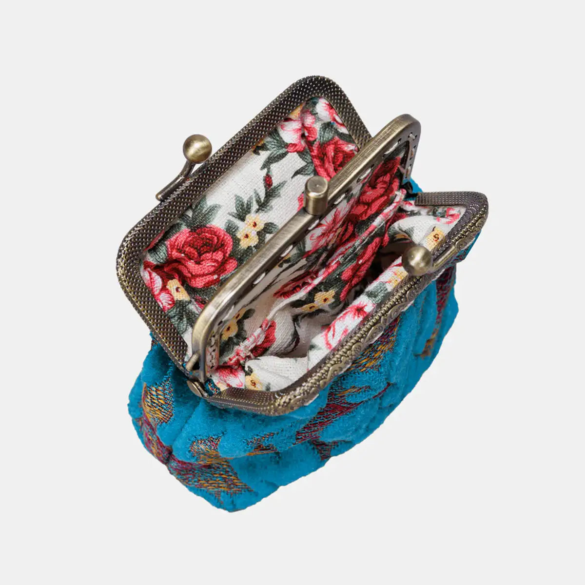 Burnout Velvet Aqua Blue Double Kiss Clasp Coin Purse of America open