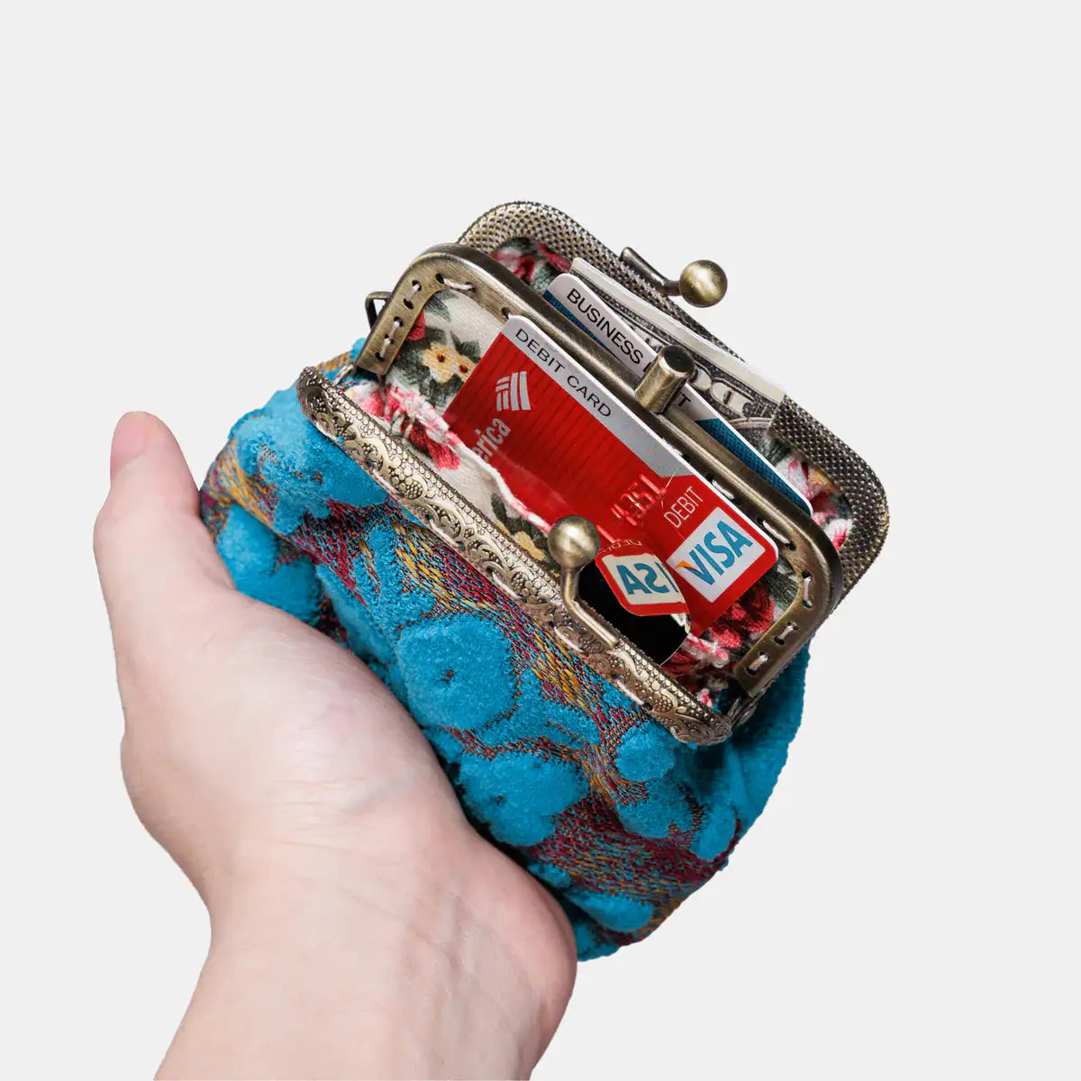 Burnout Velvet Aqua Blue Double Kiss Clasp Coin Purse of America inside