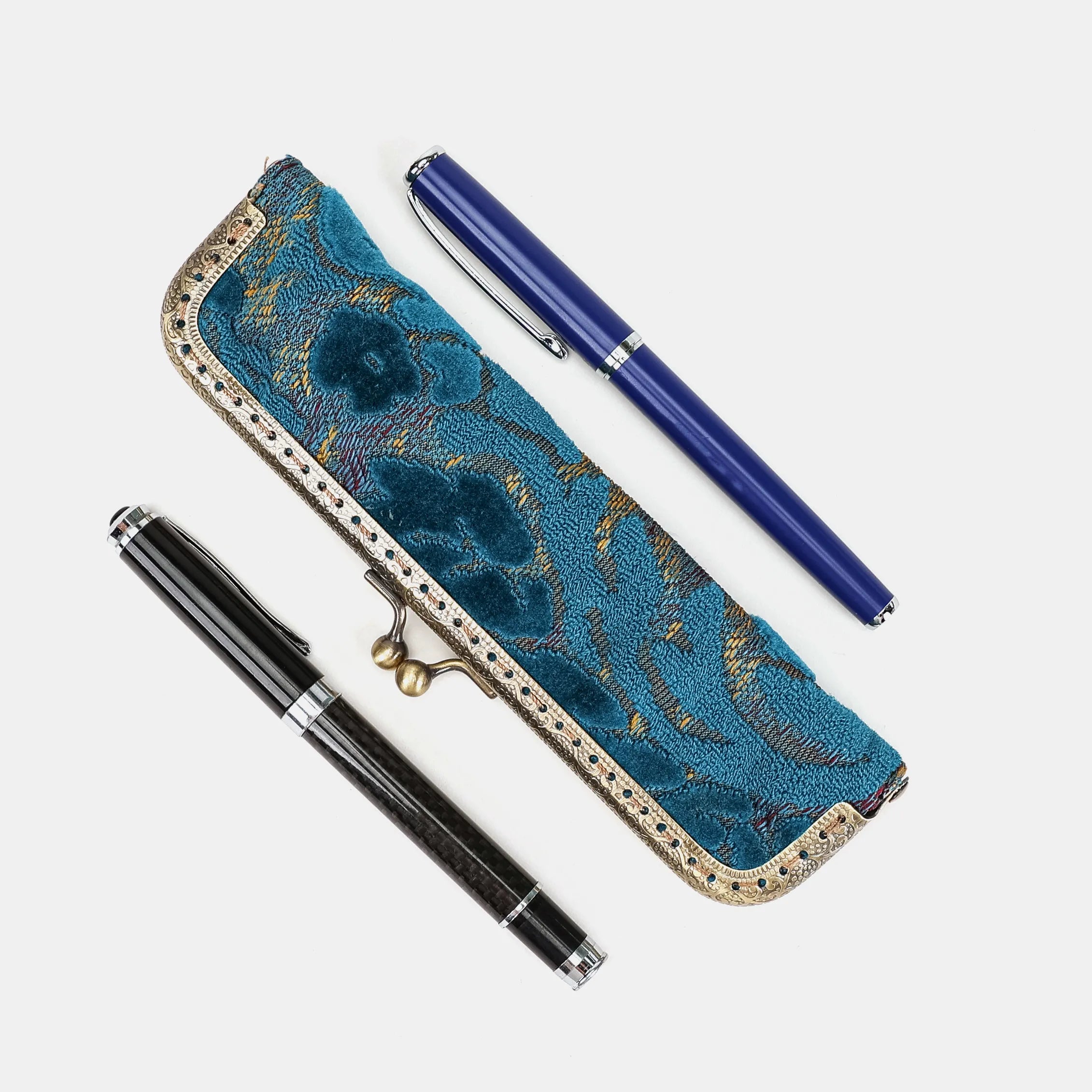 Burnout velvet Aqua Blue Duo Pen Case Carpetbag of America side