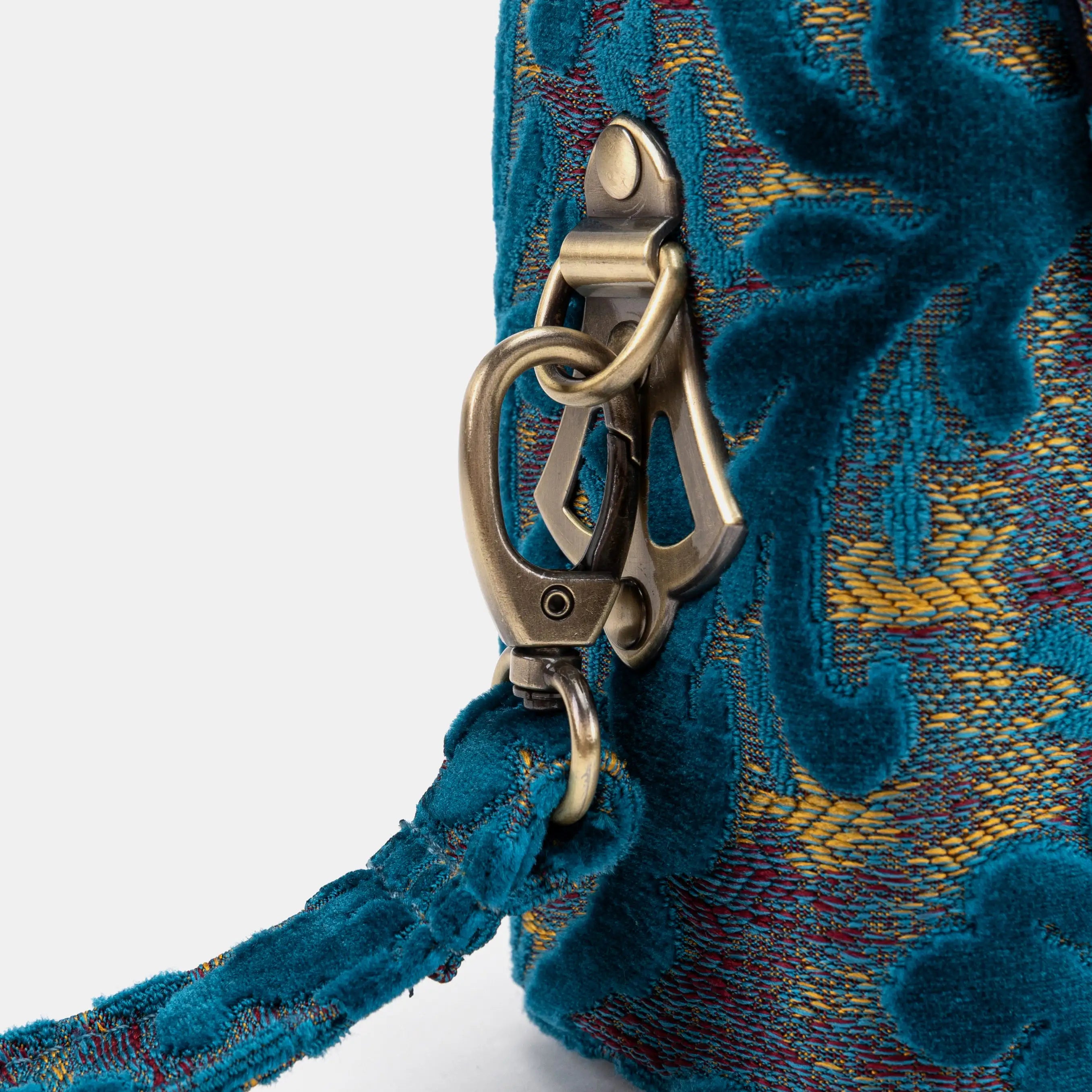 Burnout Velvet Aqua Blue Emma Small Train Case Crossbody buckle