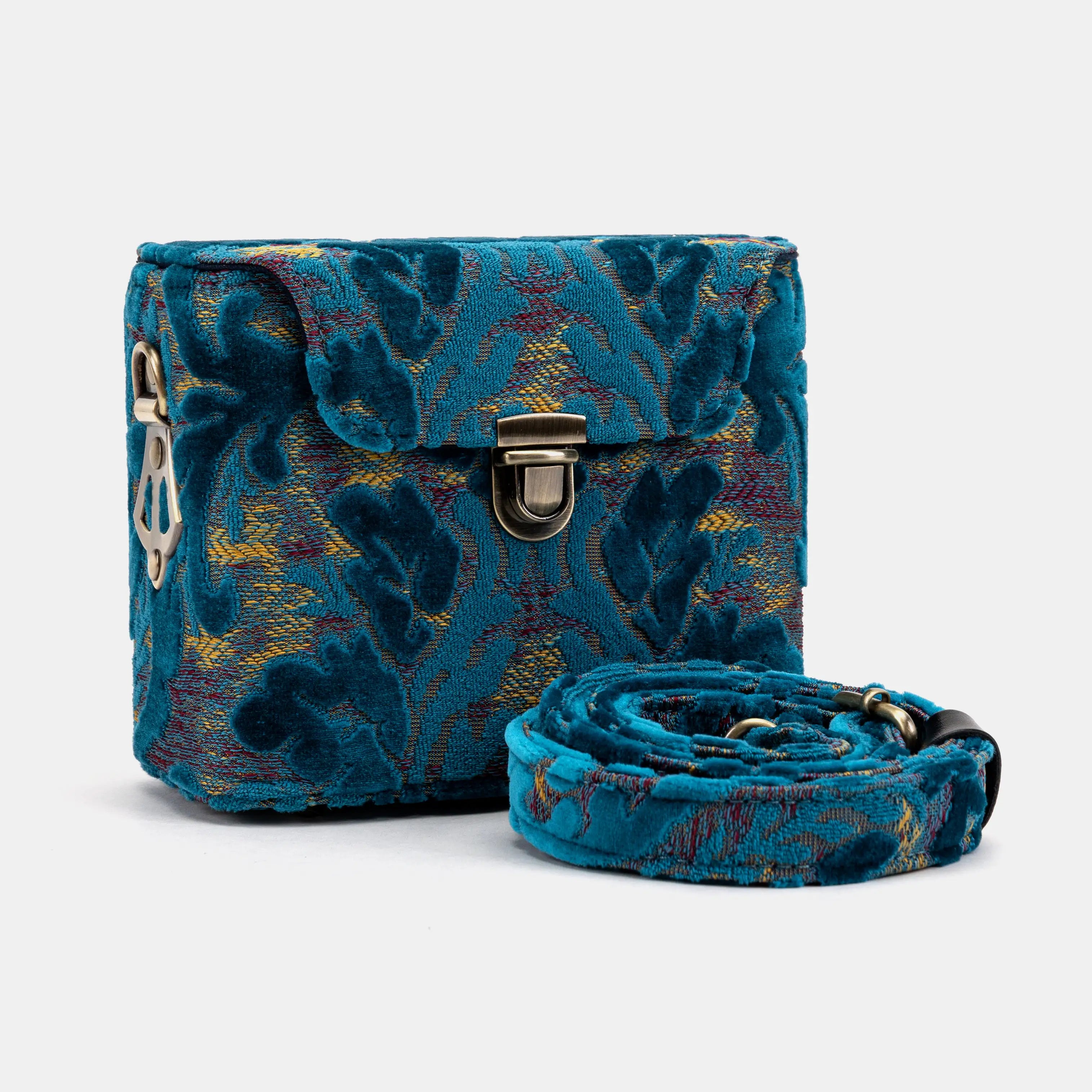 Burnout Velvet Aqua Blue Emma Small Train Case Crossbody with handle