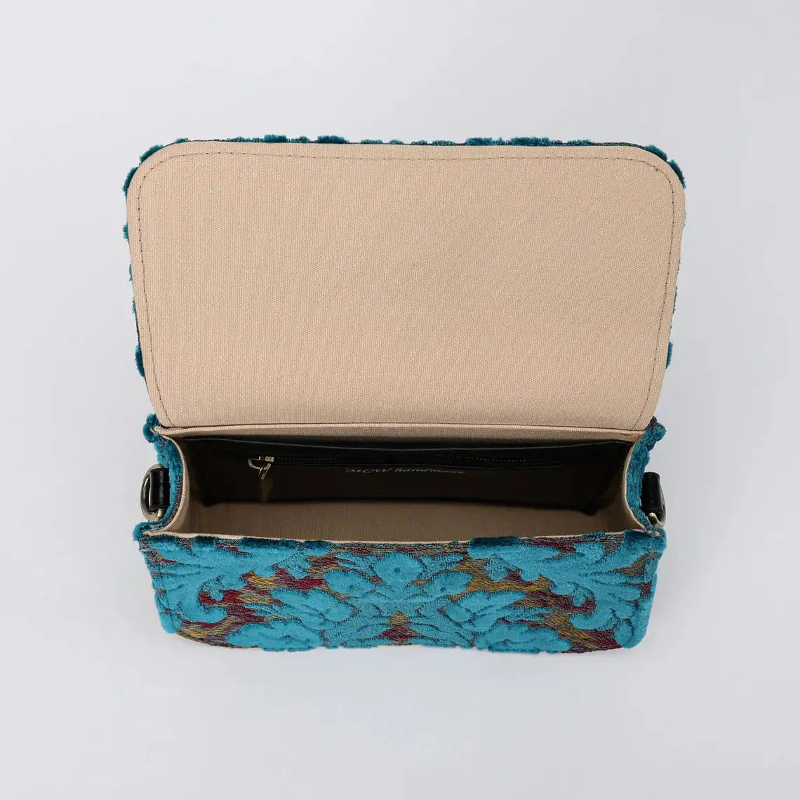 Burnout Velvet Aqua Blue Flap Crossbody Bag carpet bag of America inside