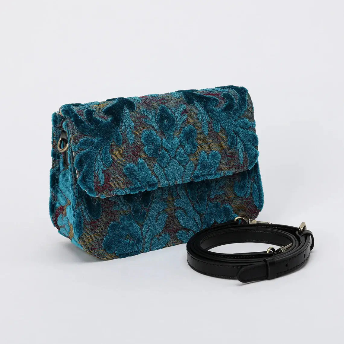 Burnout Velvet Aqua Blue Flap Crossbody Bag carpet bag of America with shoulder strap