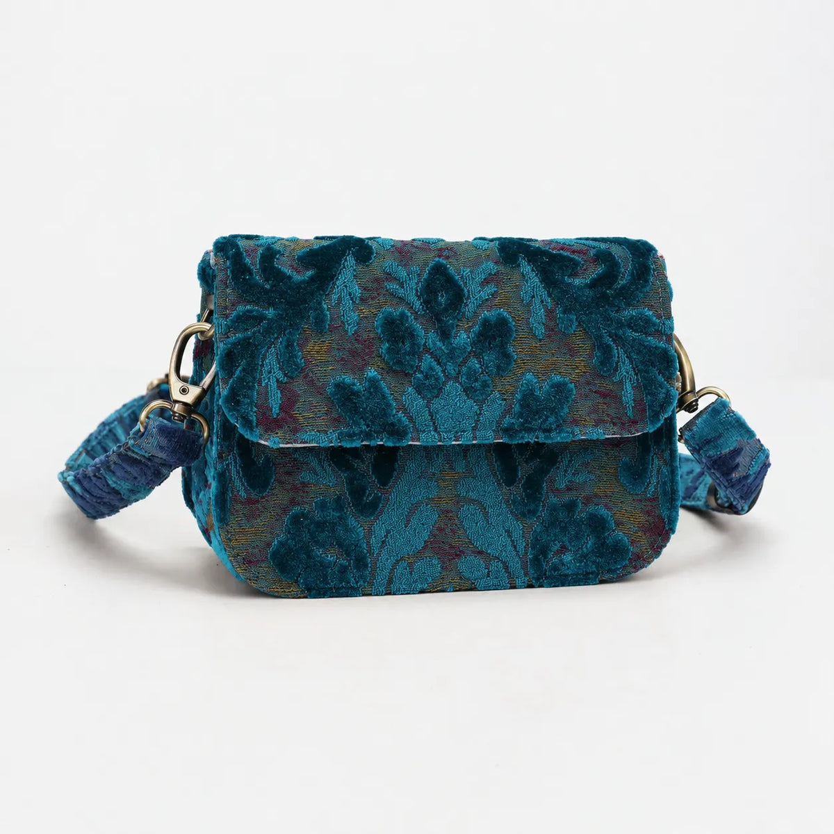 Burnout Velvet Aqua Blue Flap Crossbody Bag carpet bag of America main