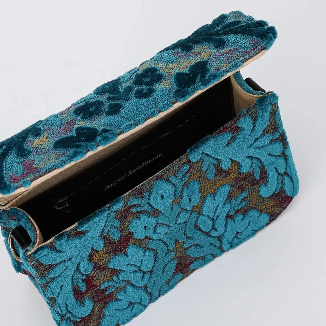 Burnout Velvet Aqua Blue Flap Crossbody Bag carpet bag of America opening