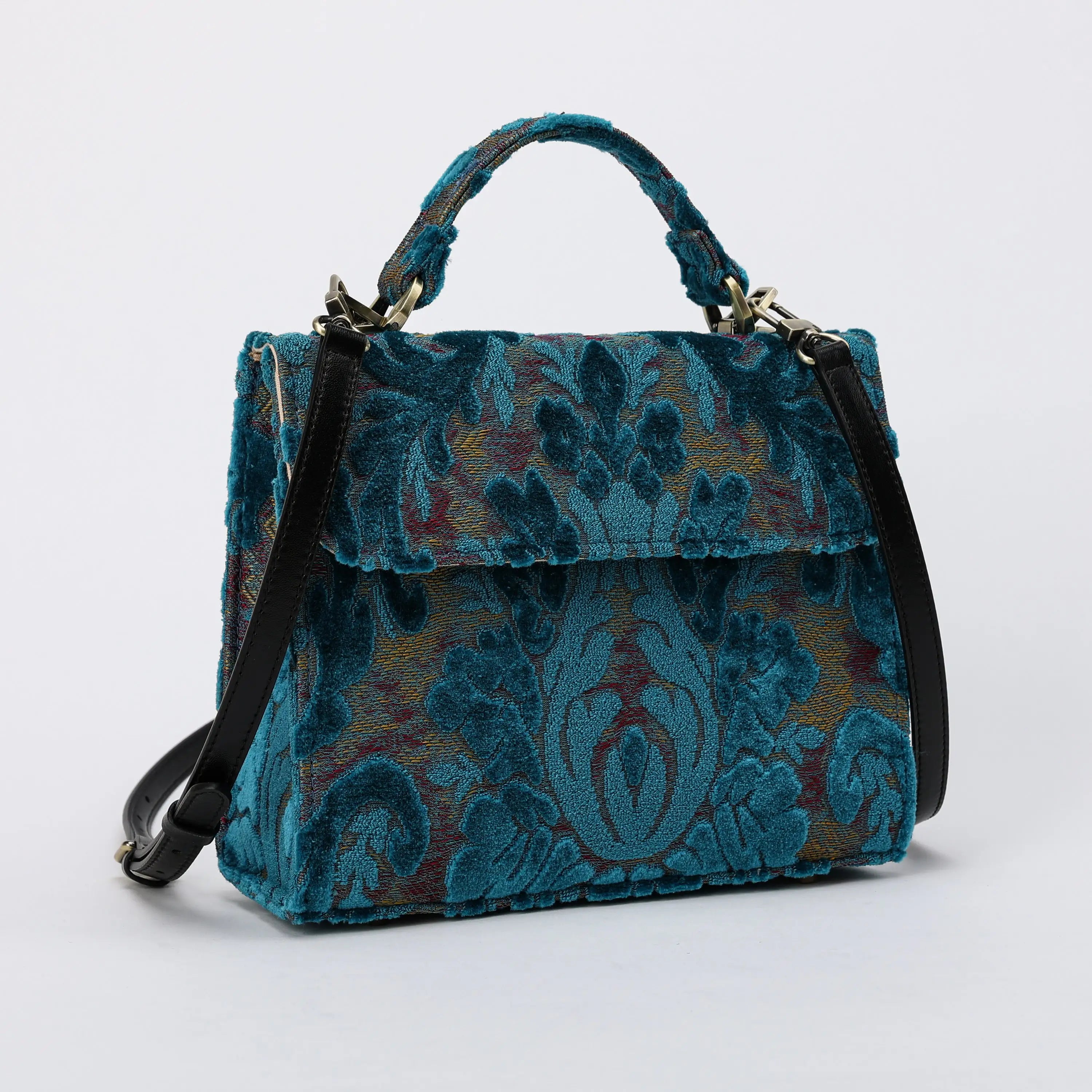 Burnout Velvet Aqua Blue Flap Satchel Carpetbag of America with shoulder strap