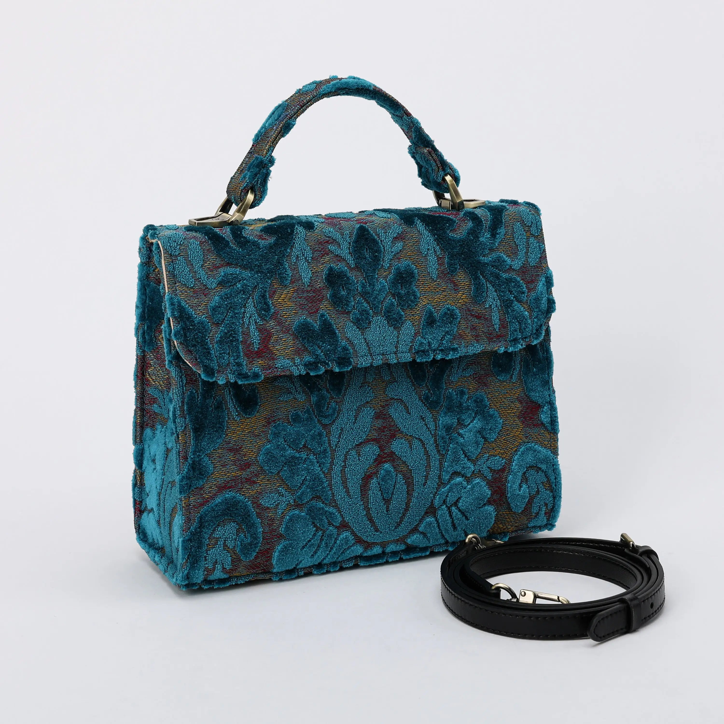 Burnout Velvet Aqua Blue Flap Satchel Carpetbag of America front side