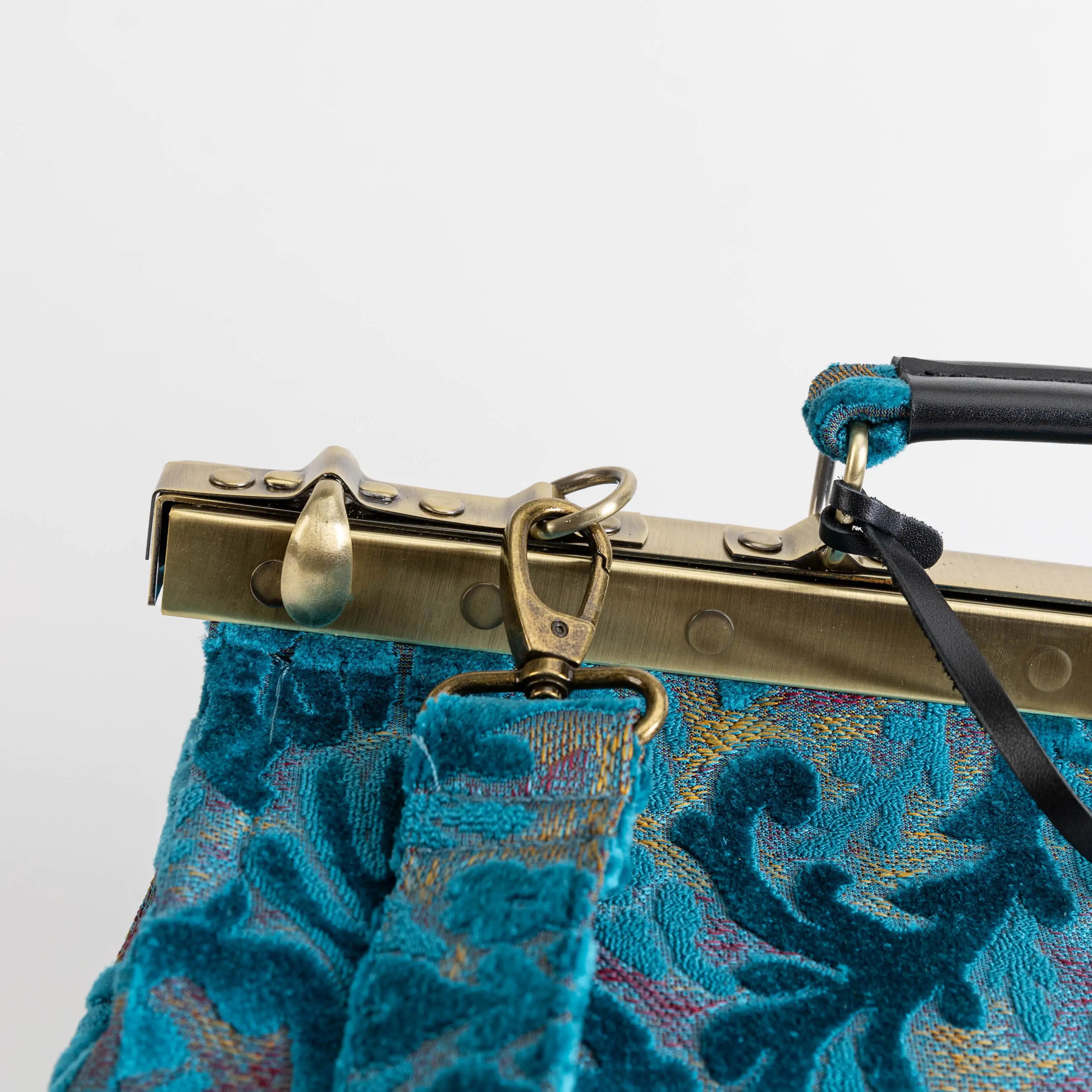Burnout Velvet Aqua Blue Genevieve Carpet Gladstone Bag of America clasp