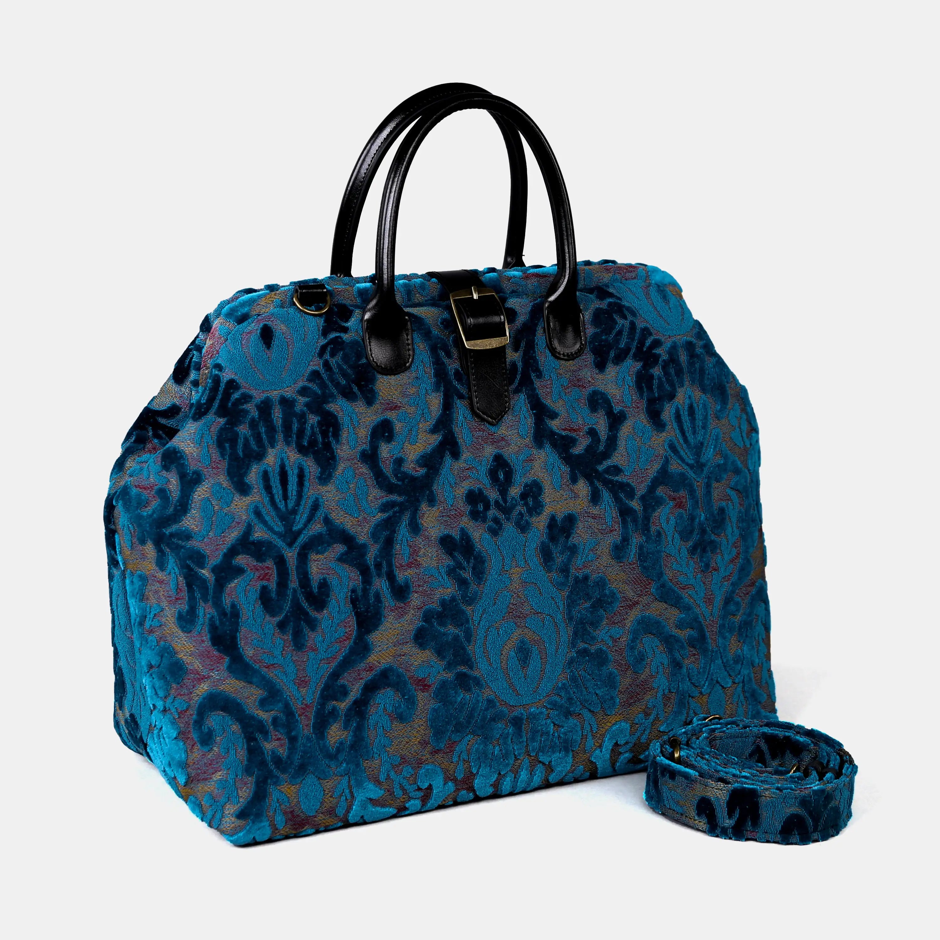 Burnout Velvet Aqua Blue Mary Poppins Weekender Carpetbag of America with shoulder strap