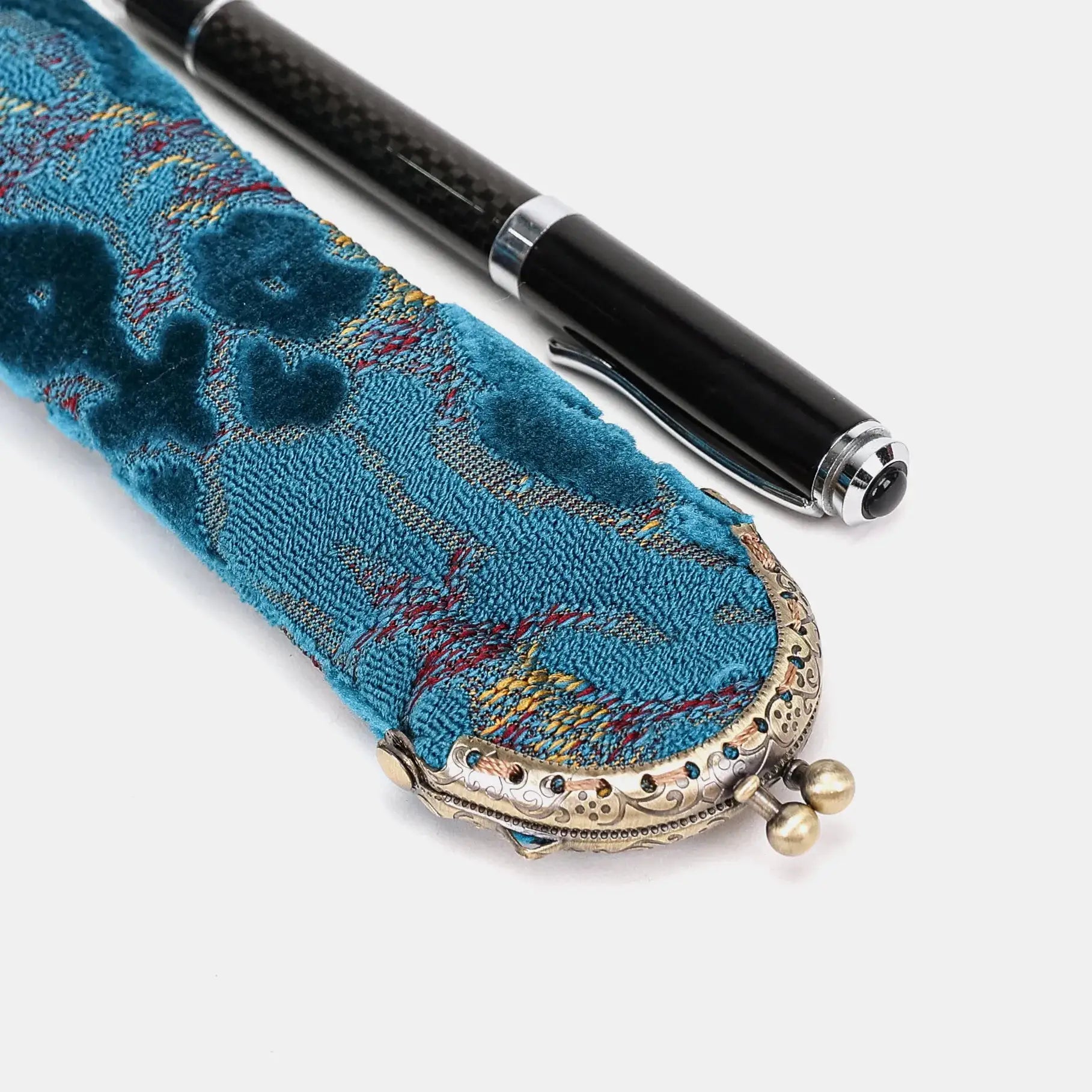 Burnout Velvet Aqua Blue Solo Pen Case Carpetbag of America metal frame