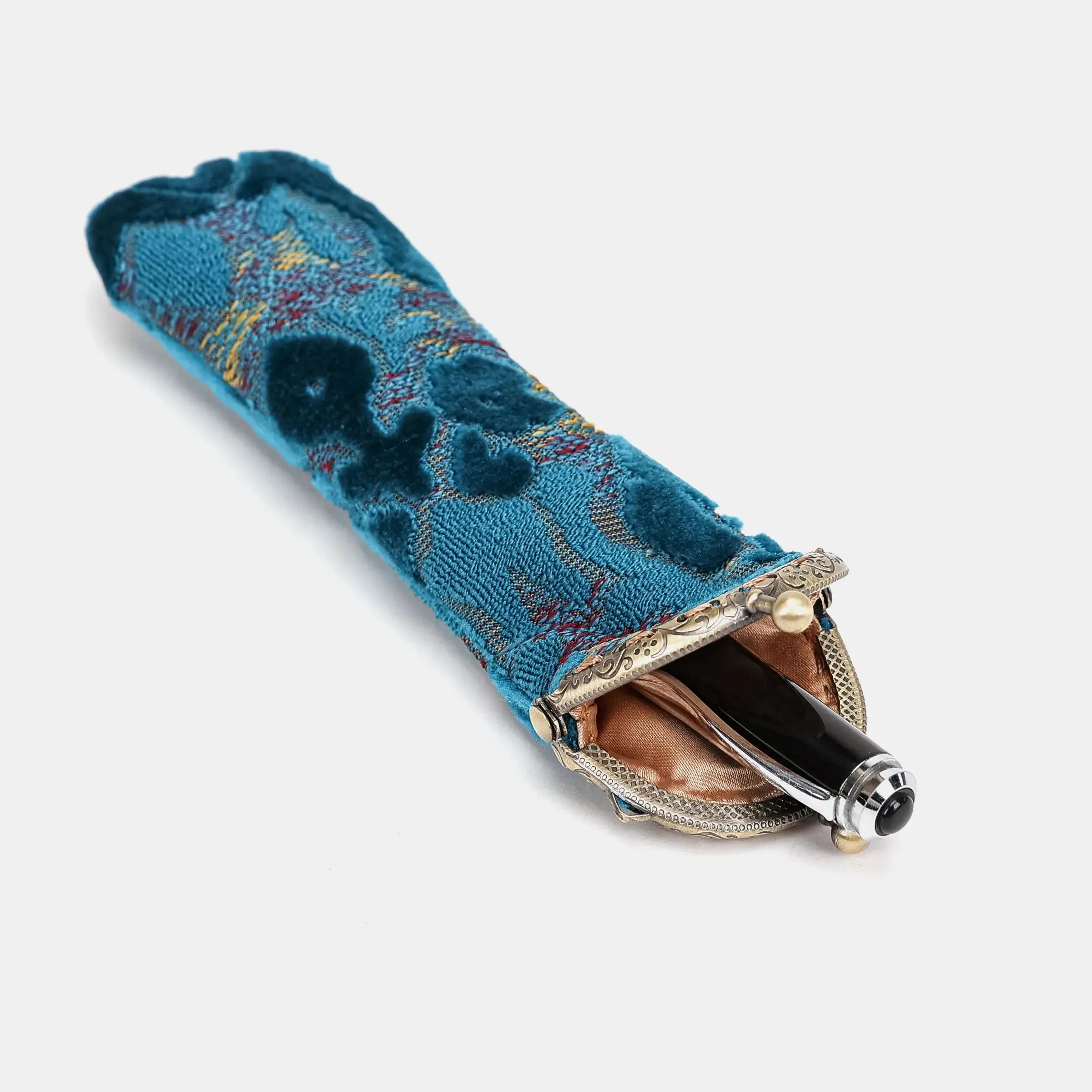Burnout Velvet Aqua Blue Solo Pen Case Carpetbag of America in use