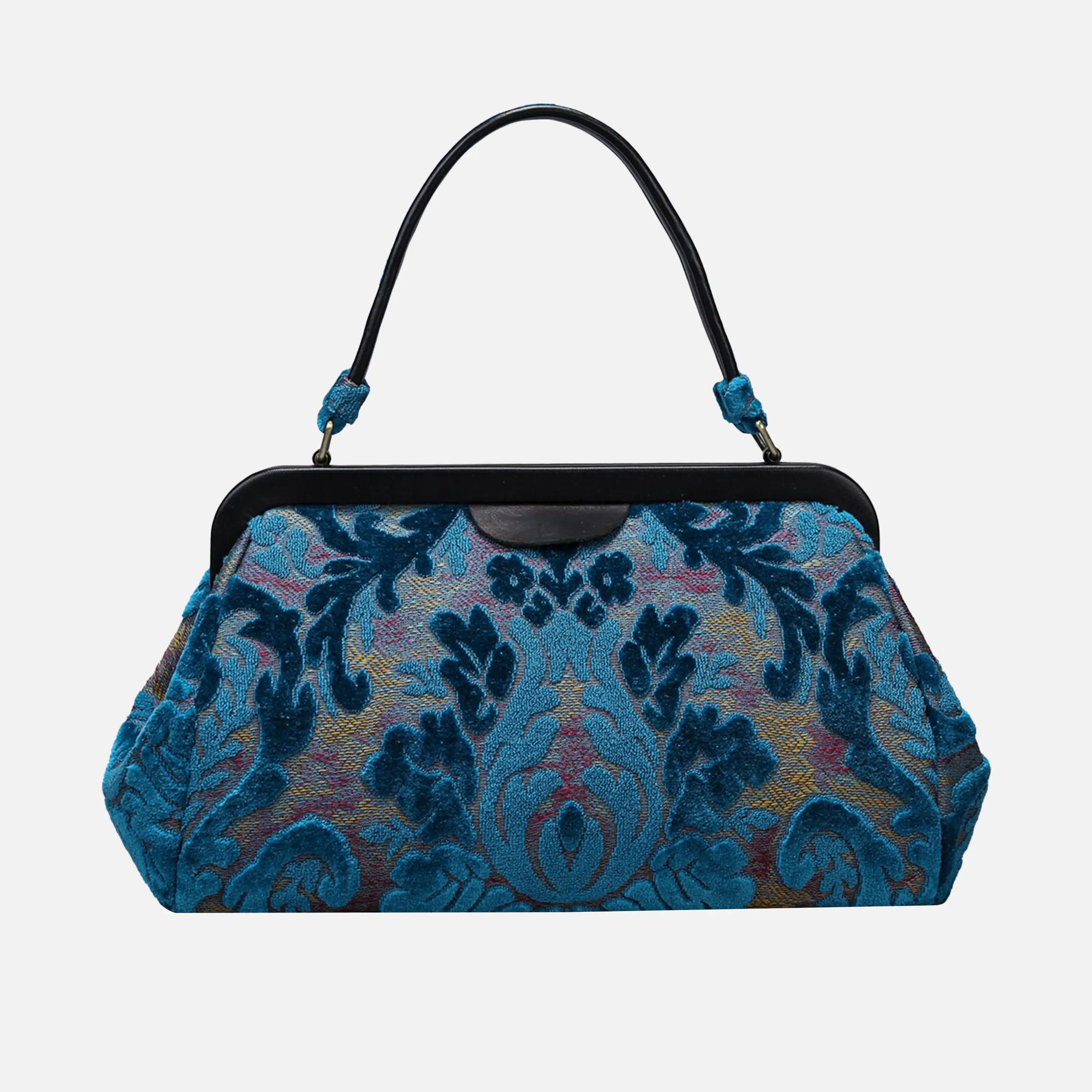 Burnout Velvet Aqua Blue Top Handle Purse carpet bag of America main