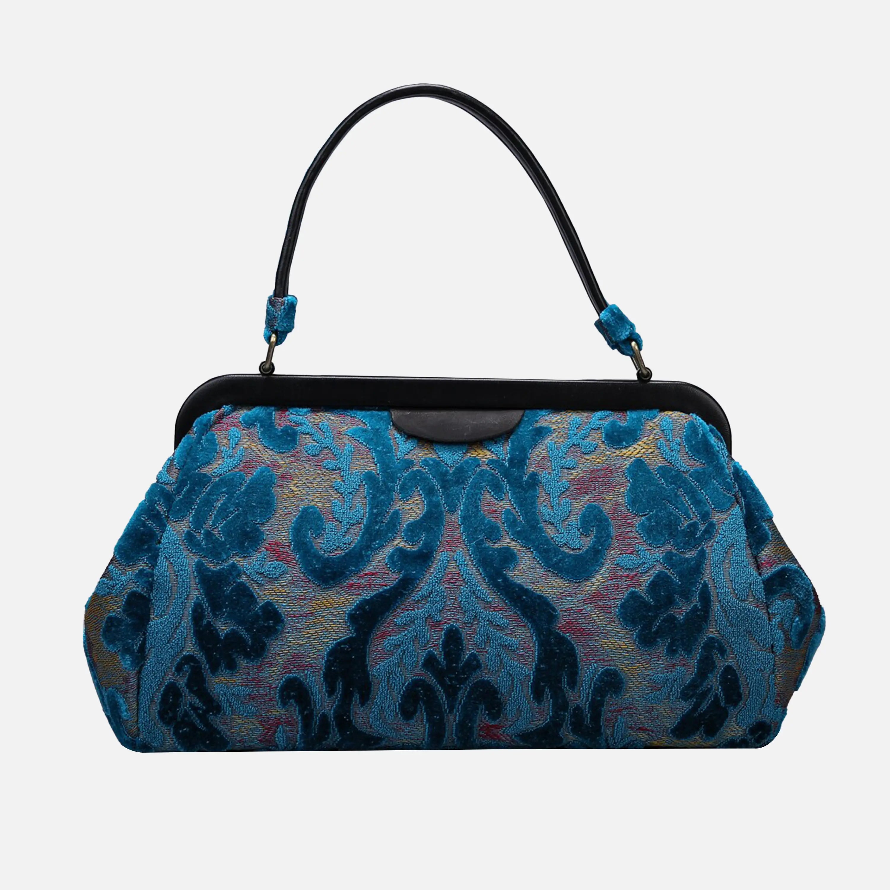 Burnout Velvet Aqua Blue Top Handle Purse carpet bag of America overview