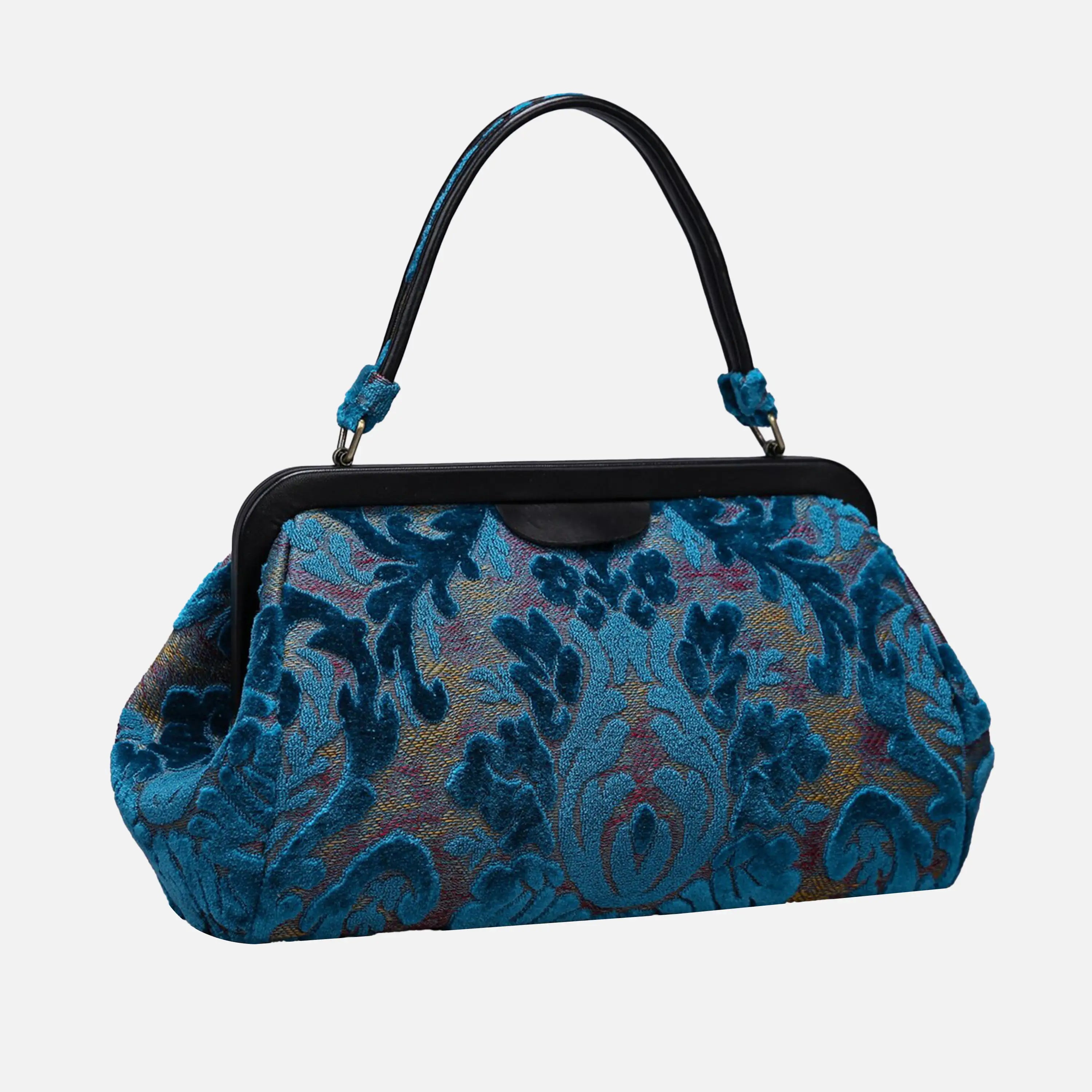 Burnout Velvet Aqua Blue Top Handle Purse carpet bag of America front