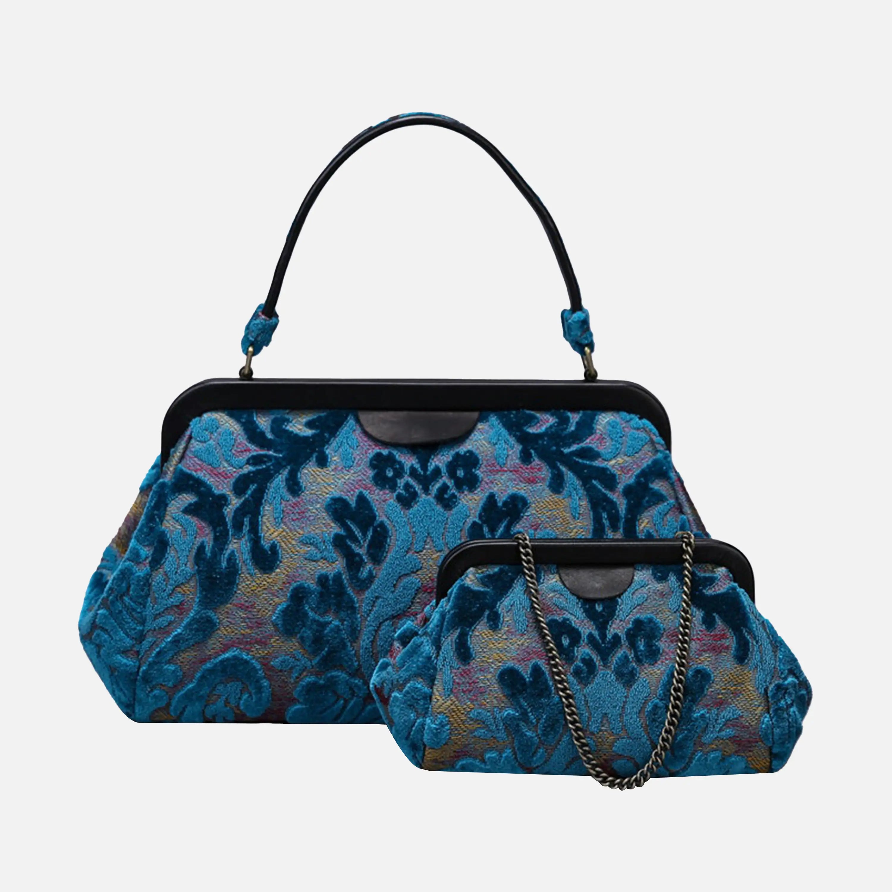 Burnout Velvet Aqua Blue Top Handle Purse carpet bag of America different size