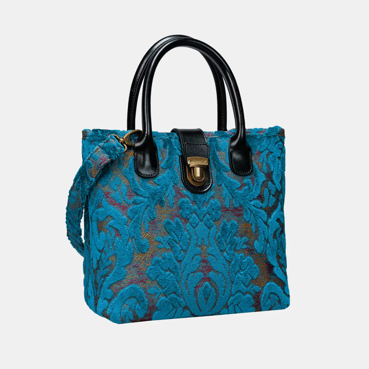 Burnout Velvet Aqua Blue Tuck Lock Carpet Satchel of America front