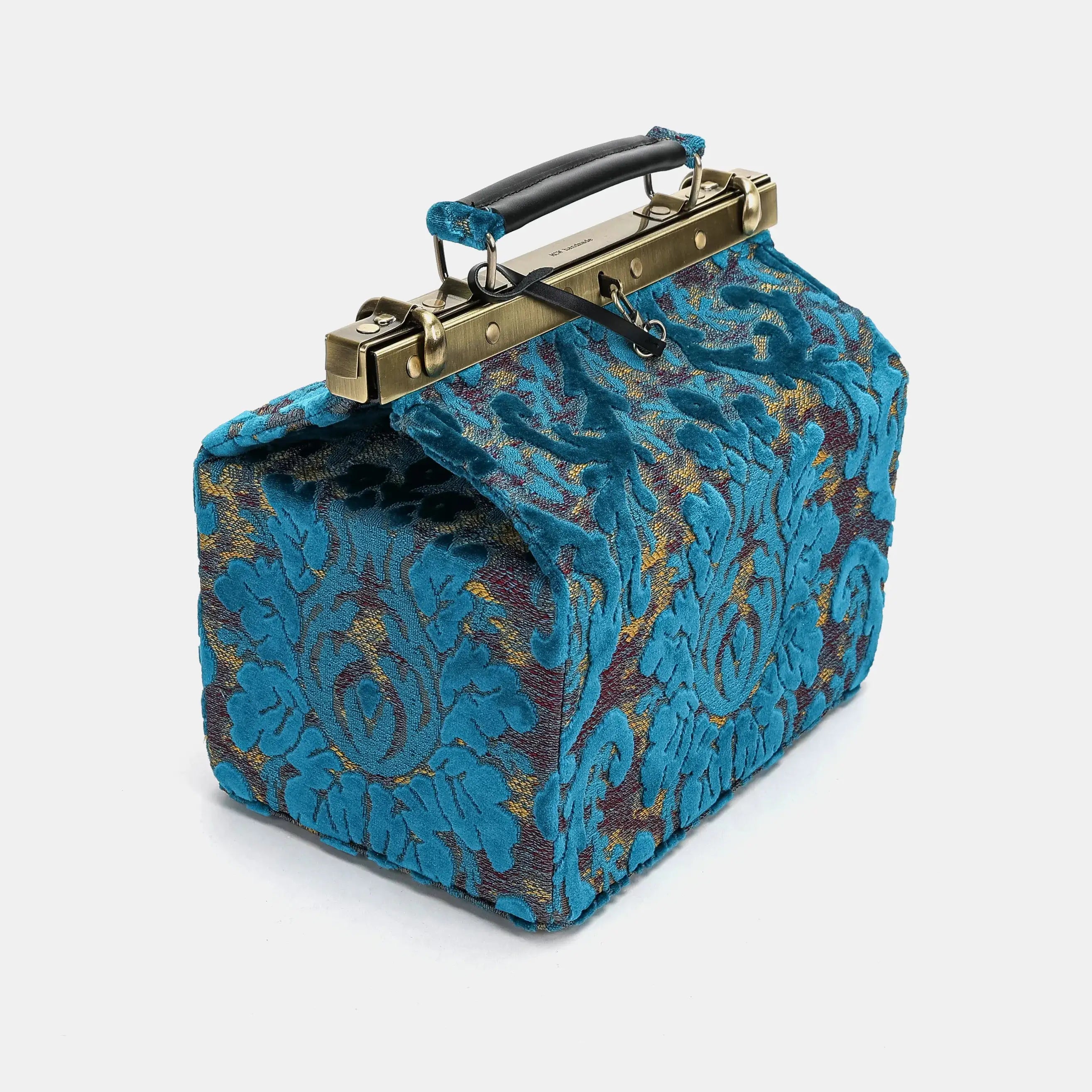 Burnout velvet Aqua Blue Vivienne Carpet Purse Gladstone Bag of America side