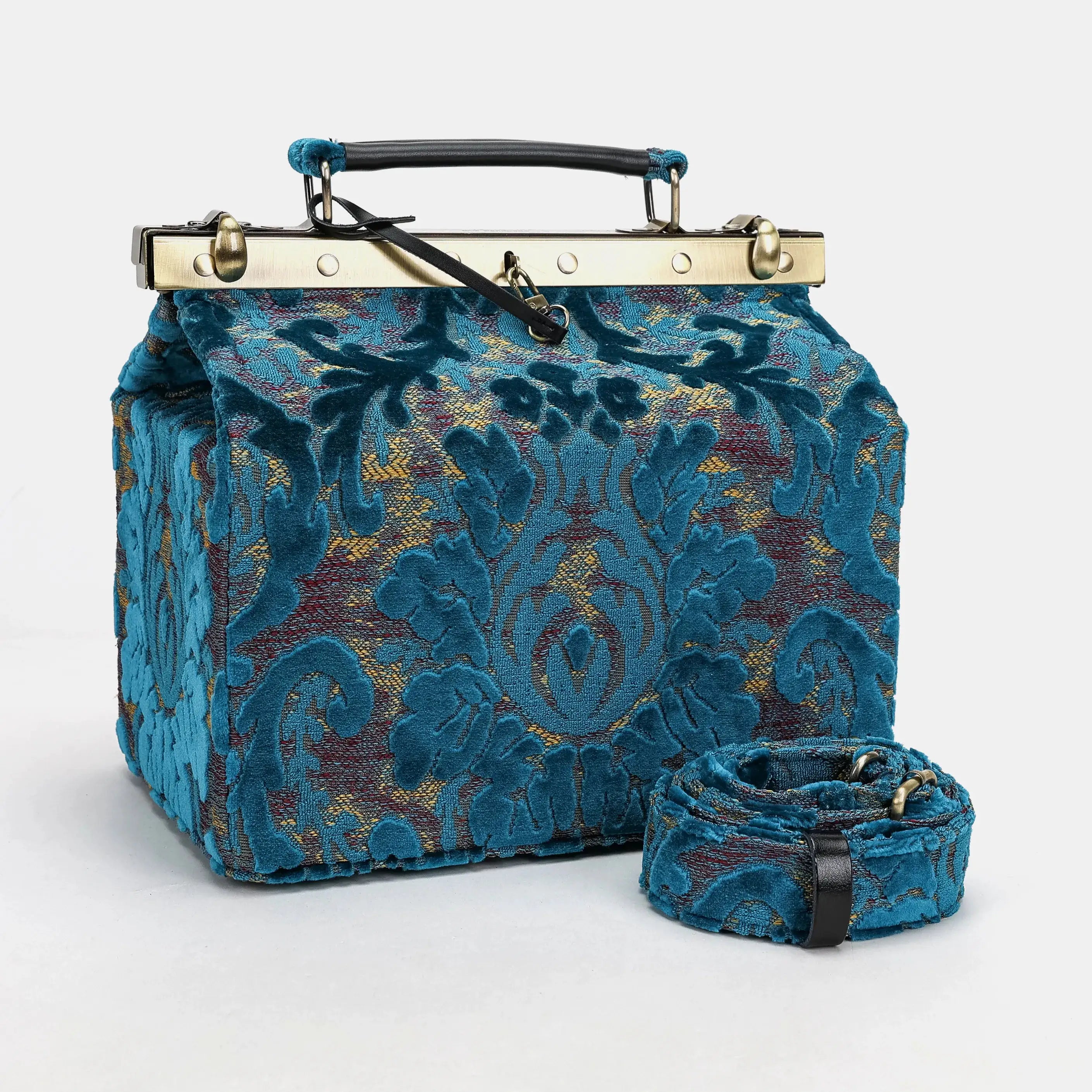 Burnout velvet Aqua Blue Vivienne Carpet Purse Gladstone Bag of America with shoulder strap