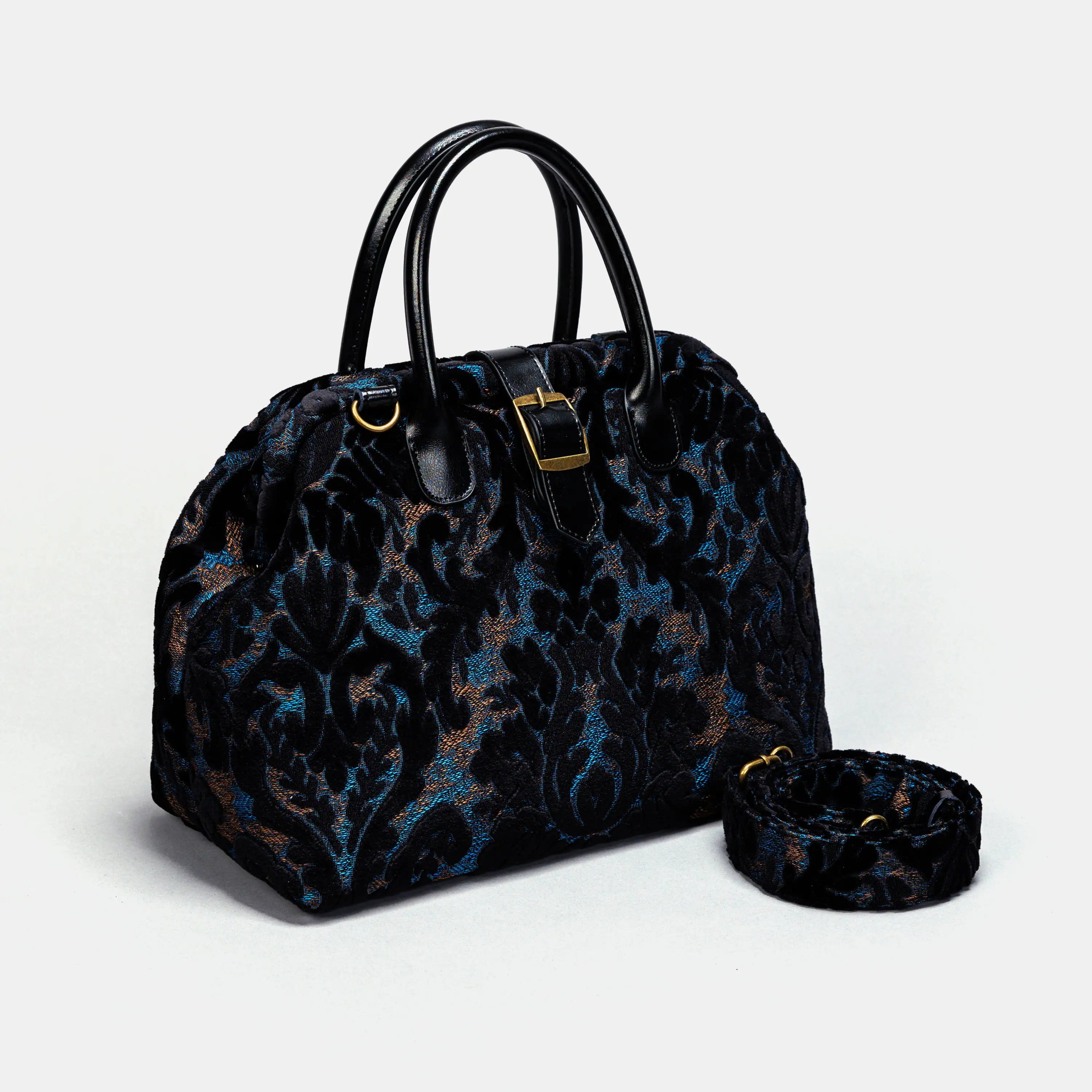 Burnout Velvet Black Carpet Handbag Purse carpet bag MCW Handmade of America with strap