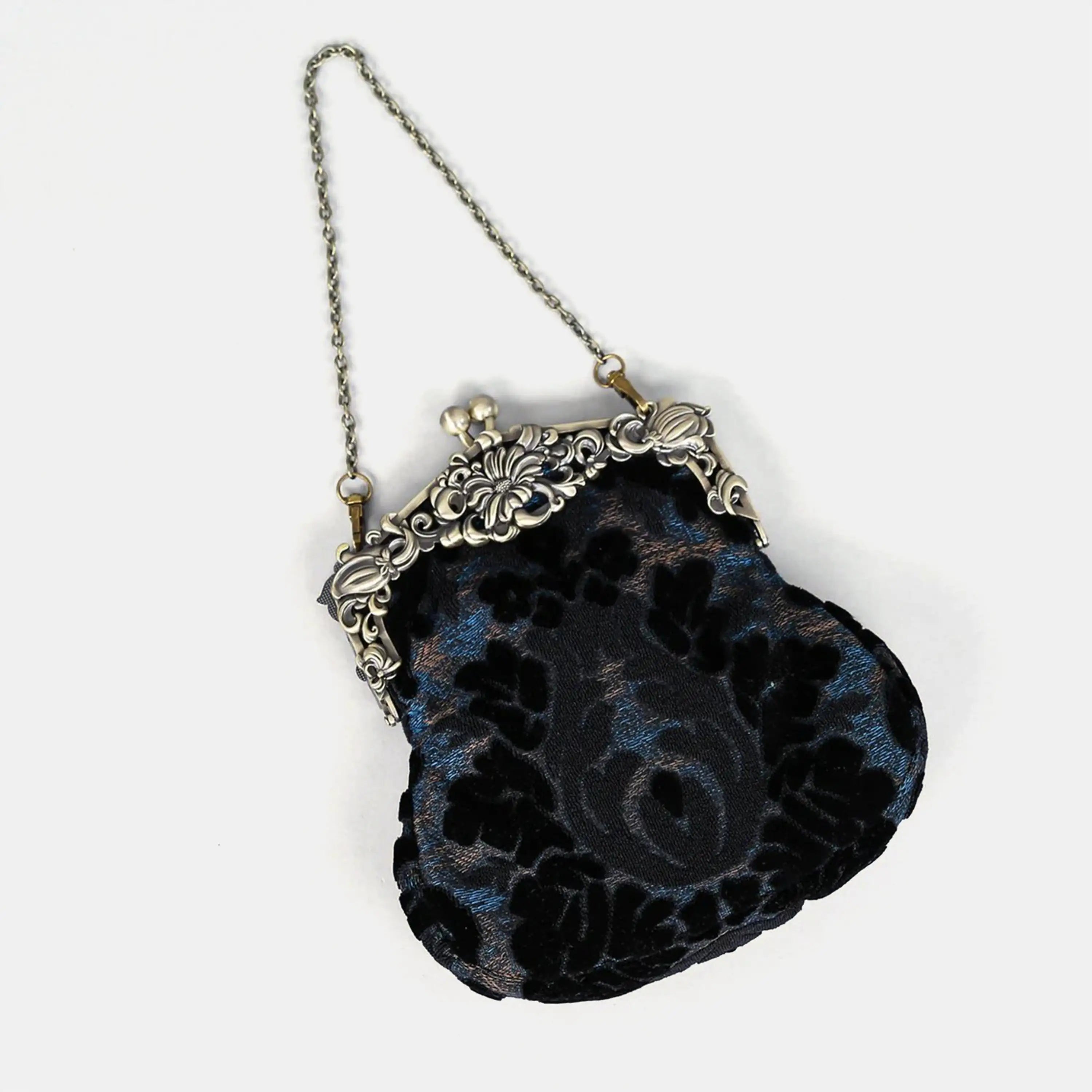 Burnout Velvet Black Chatelaine Purse Large carpet bag of America lay flat
