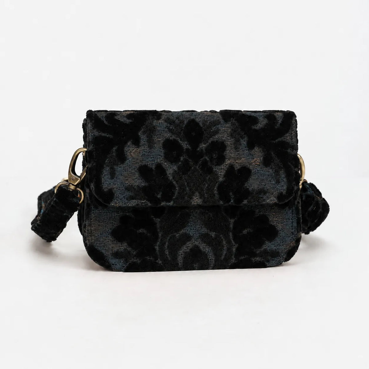 Burnout Velvet Black Flap Crossbody Bag carpet bag of America main