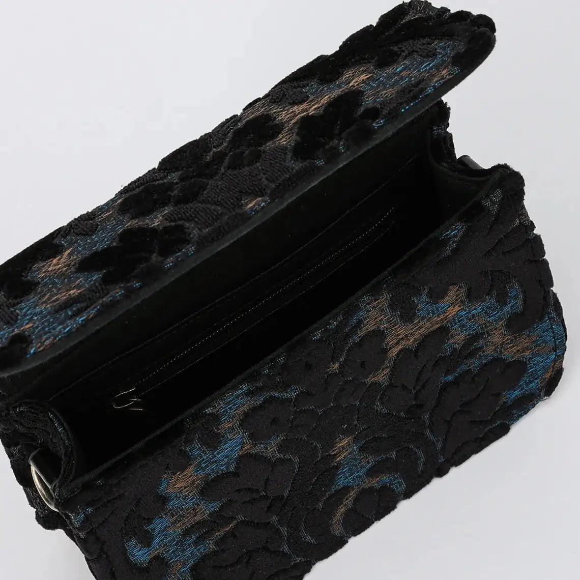 Burnout Velvet Black Flap Crossbody Bag carpet bag of America inside