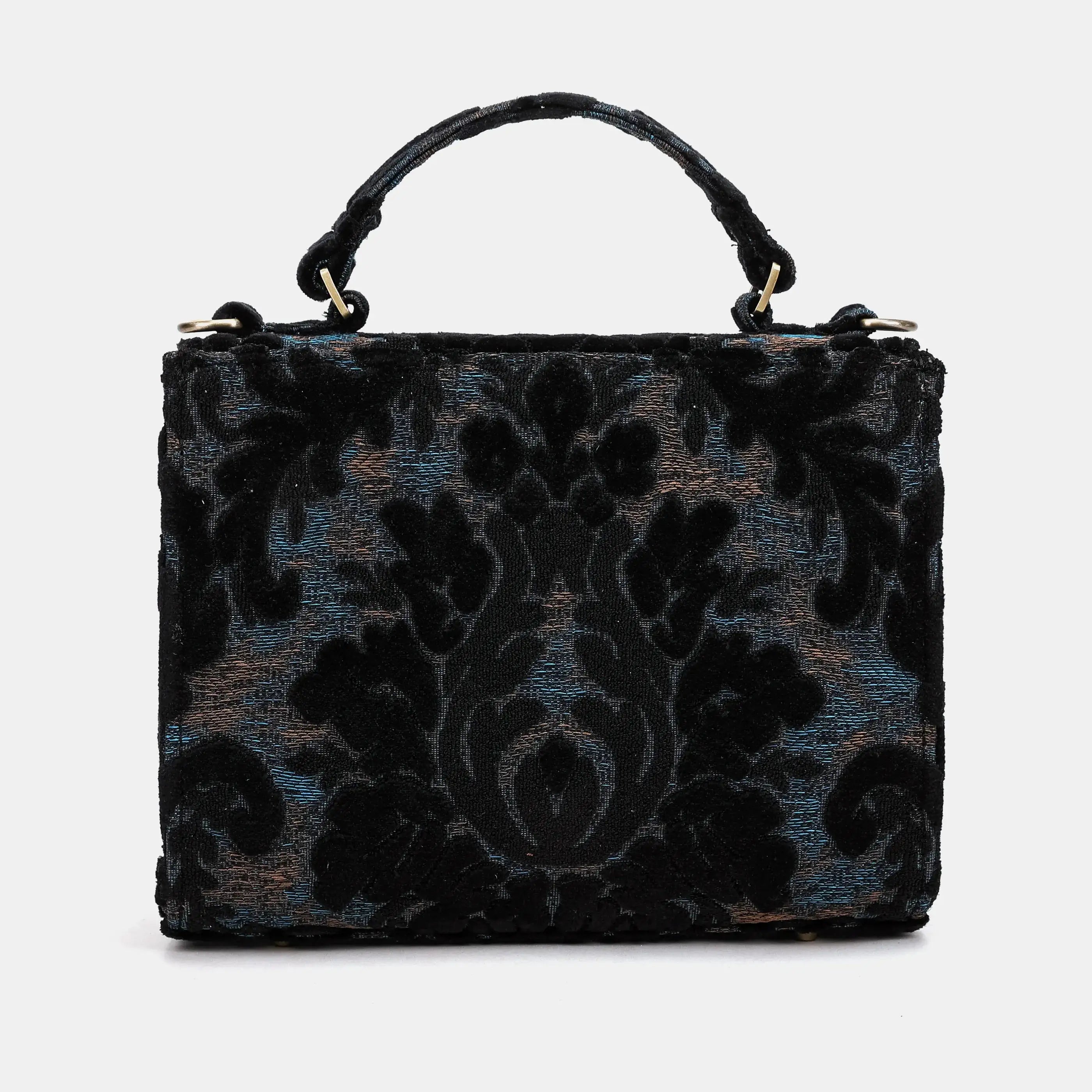 Burnout Velvet Black Flap Satchel Carpetbag of America back