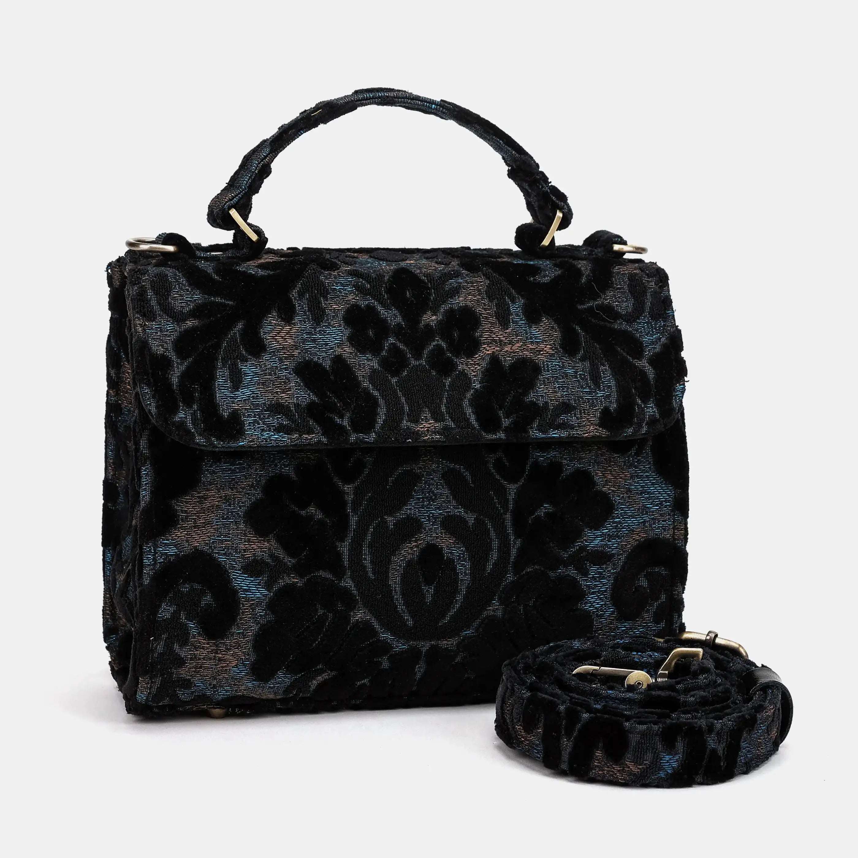 Burnout Velvet Black Flap Satchel Carpetbag of America with shoulder strap