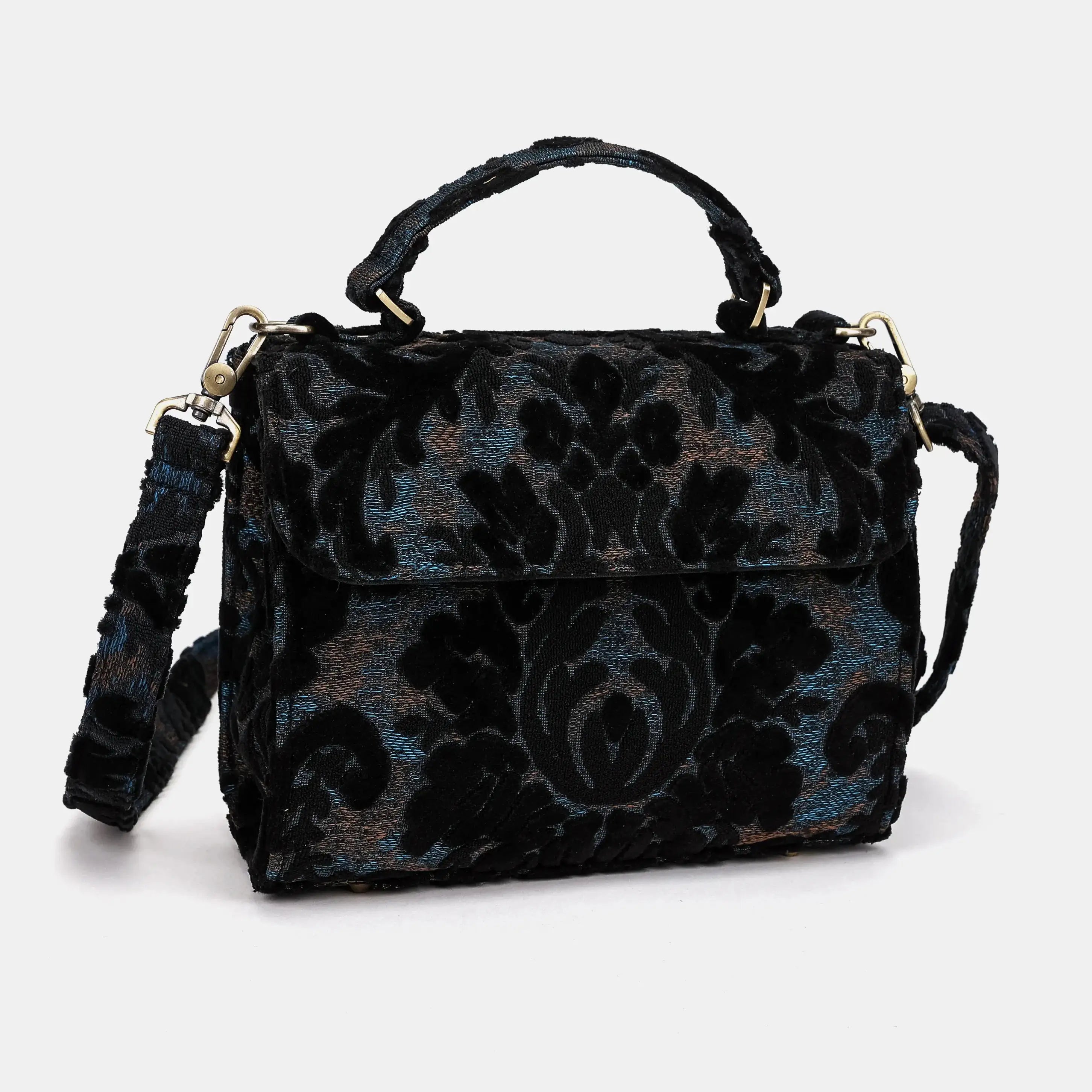 Burnout Velvet Black Flap Satchel Carpetbag of America overview