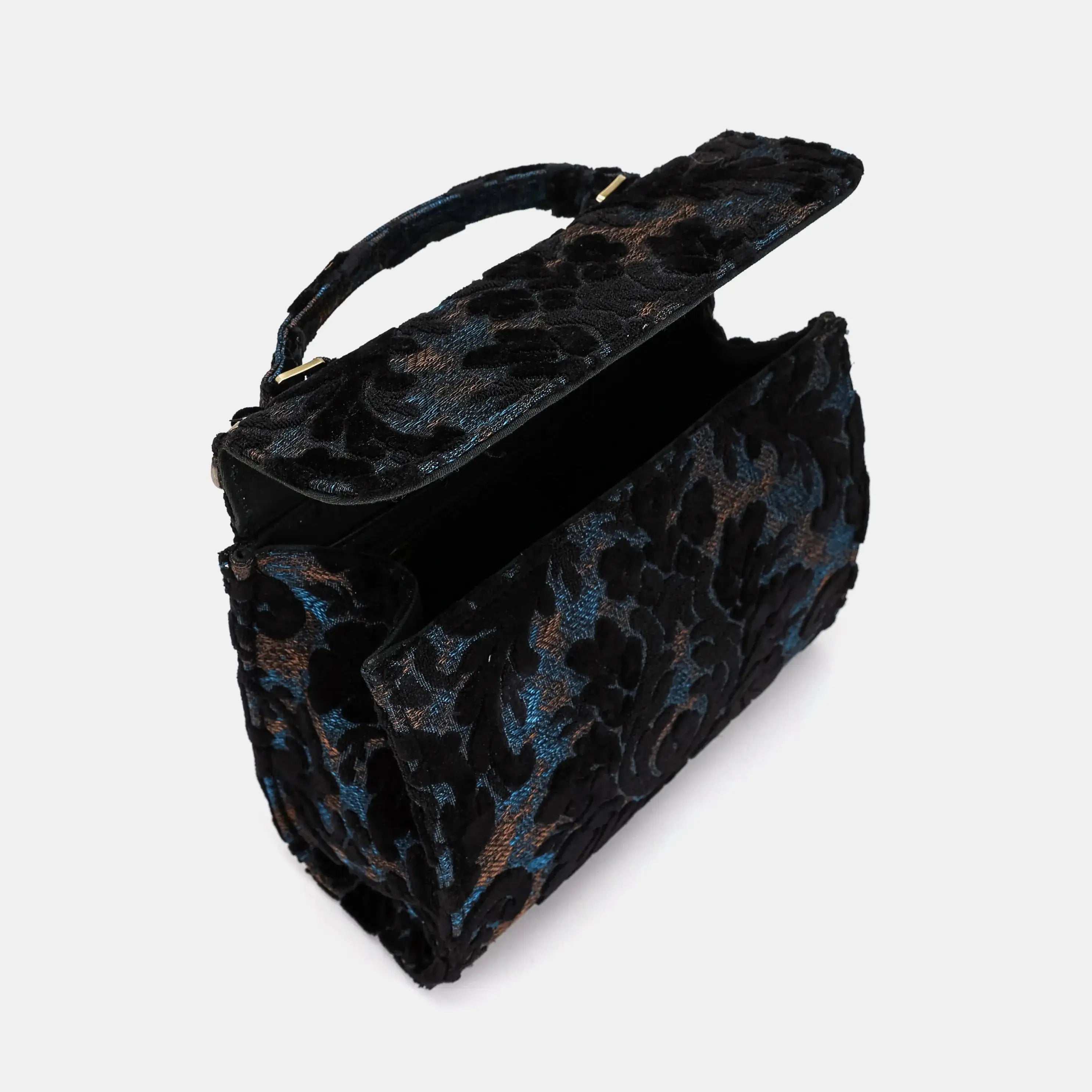 Burnout Velvet Black Flap Satchel Carpetbag of America opening