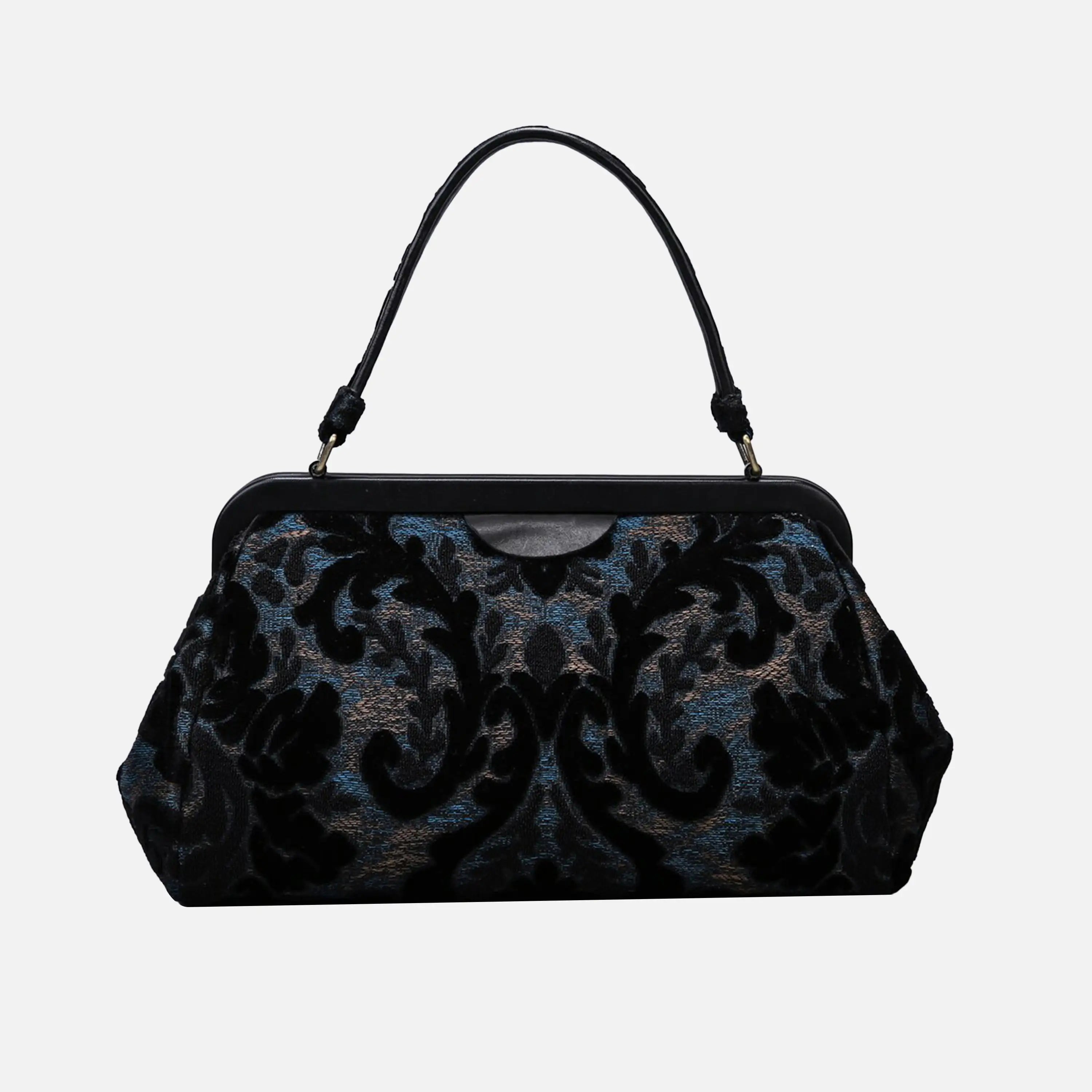 Burnout Velvet Black Top Handle Purse carpet bag of America overview
