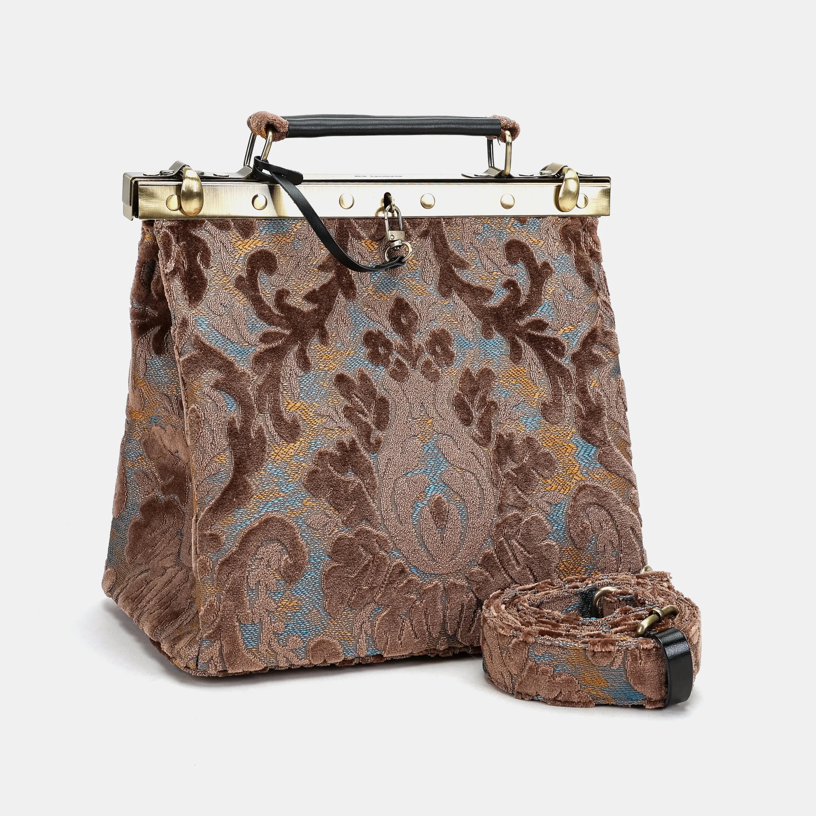 Burnout Velvet Camel Cecile Carpet Purse Gladstone Bag of America with shoulder strap