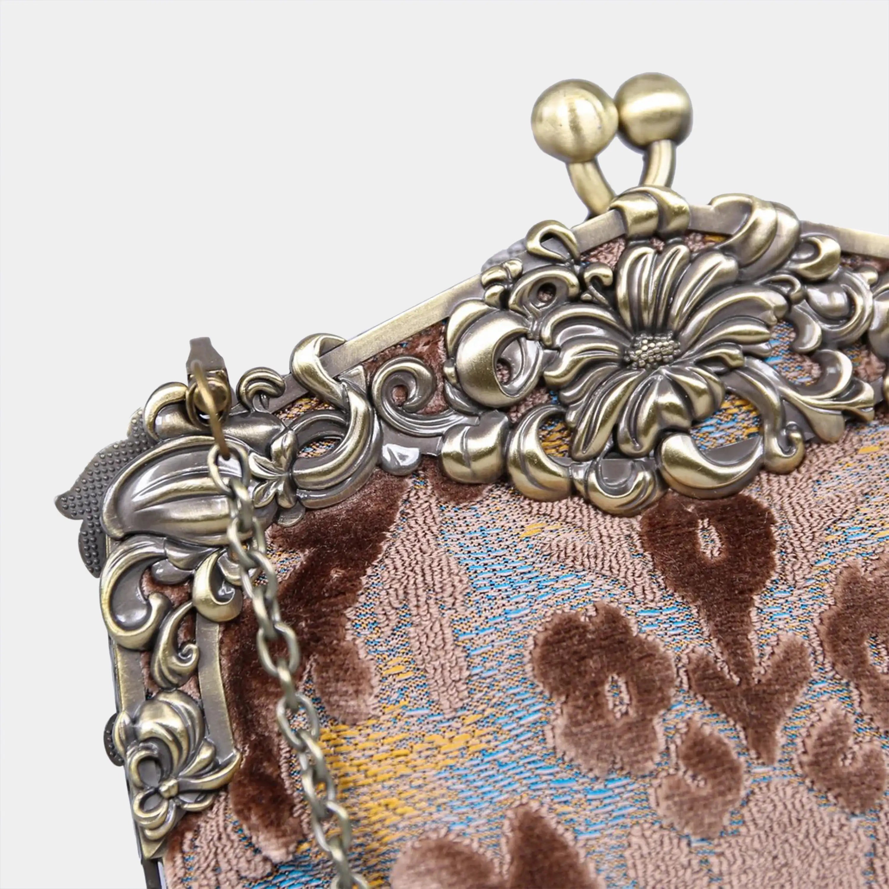 Burnout Velvet Camel Chatelaine Purse Large carpet bag of America detail