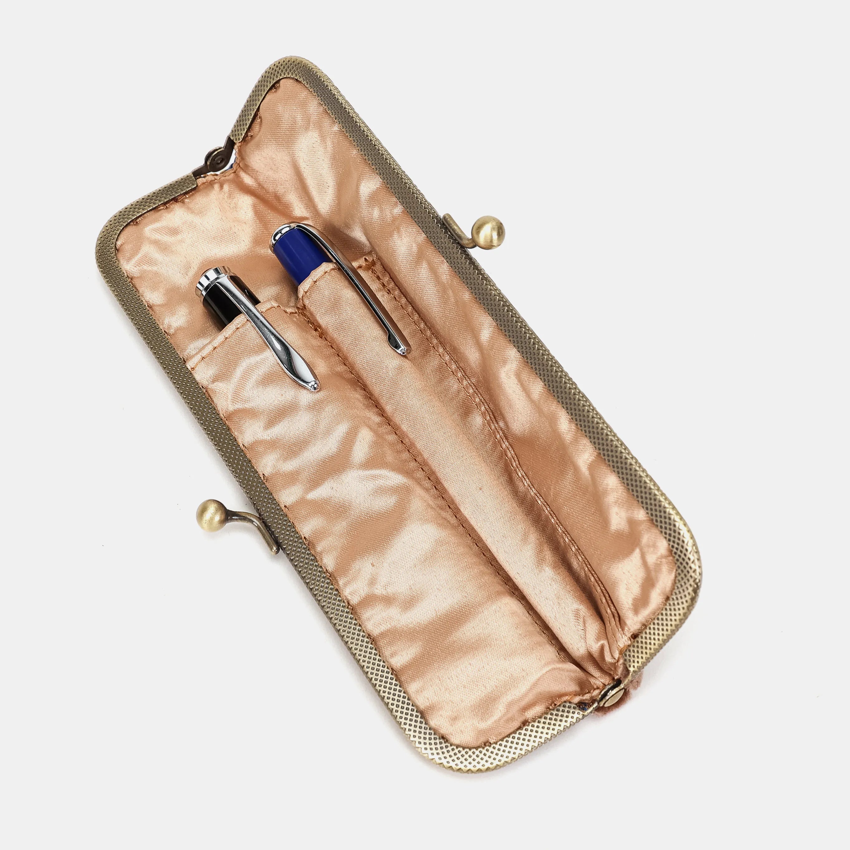 Burnout velvet Camel Duo Pen Case Carpetbag of America inside