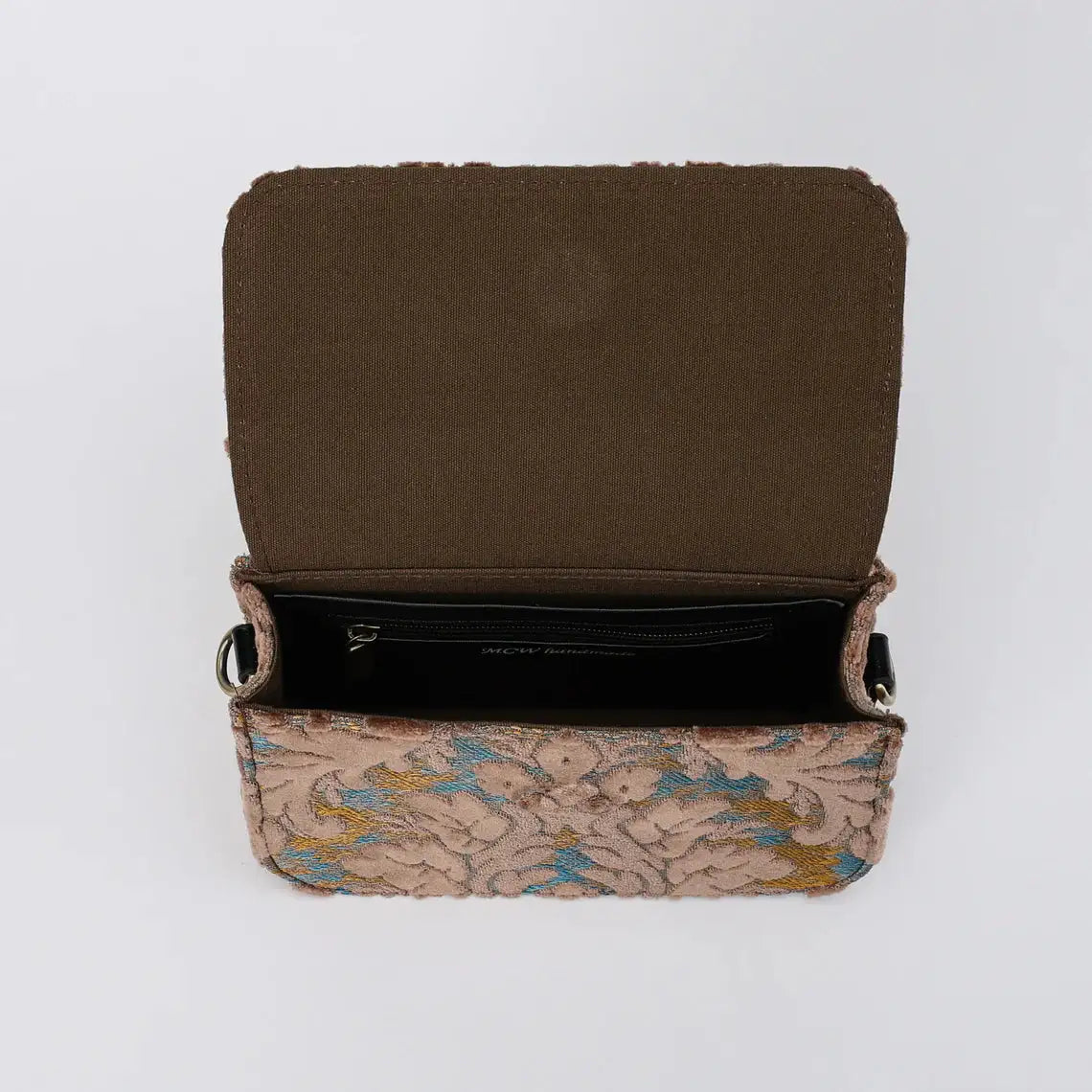 Burnout Velvet Camel Flap Crossbody Bag carpet bag of America opening