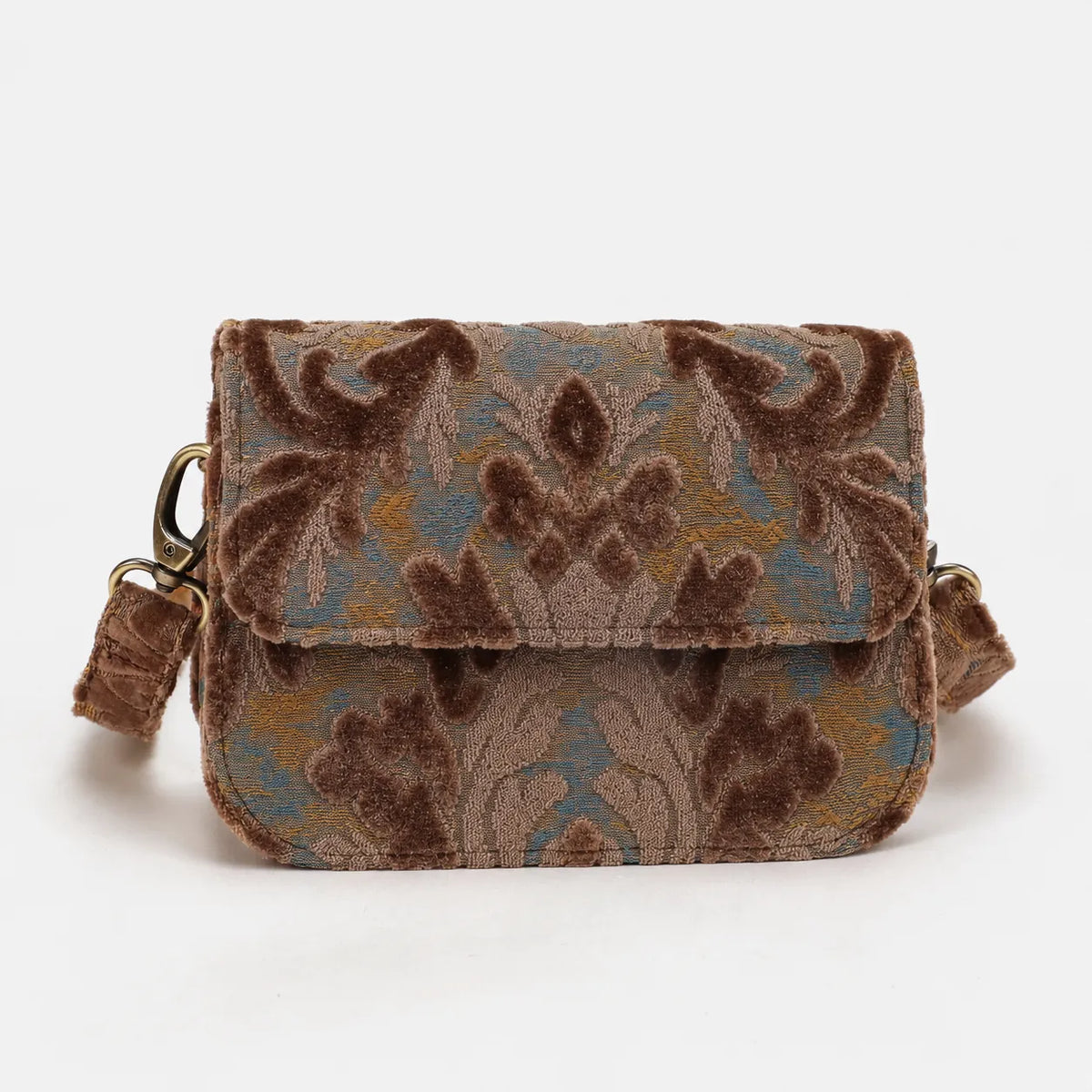 Burnout Velvet Camel Flap Crossbody Bag carpet bag of America main