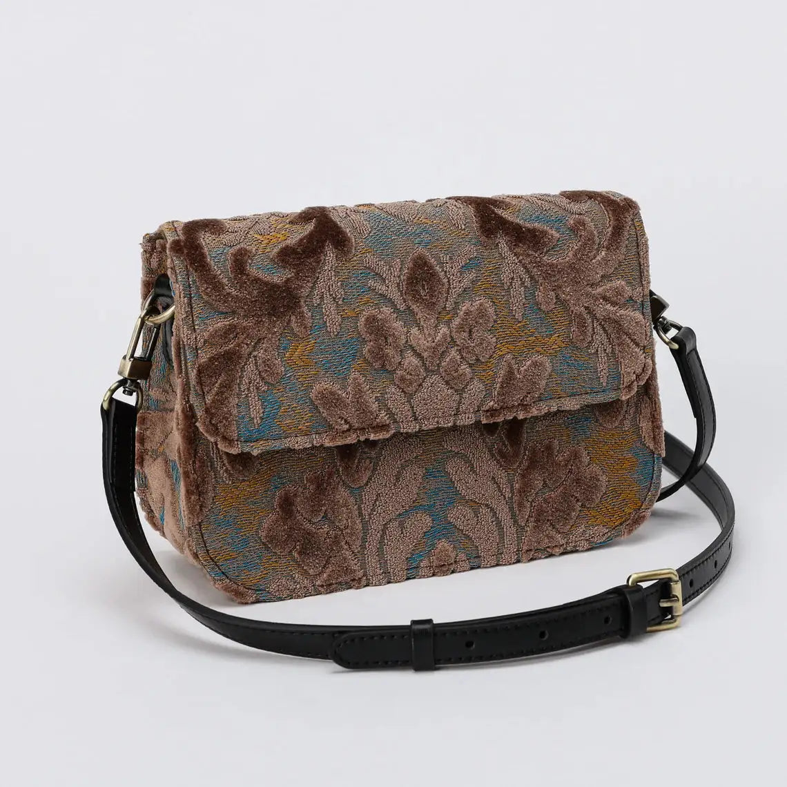 Burnout Velvet Camel Flap Crossbody Bag carpet bag of America front