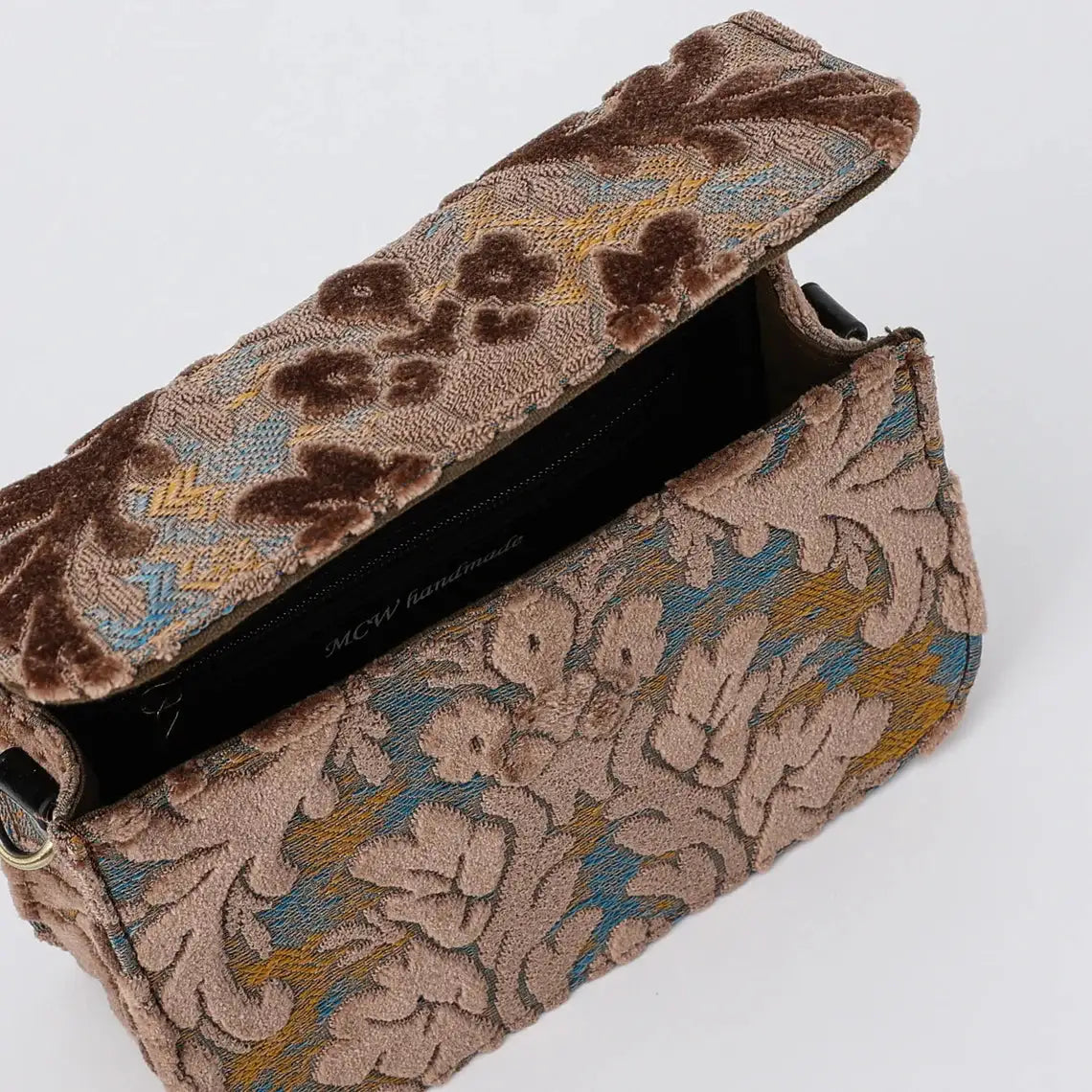 Burnout Velvet Camel Flap Crossbody Bag carpet bag of America inside