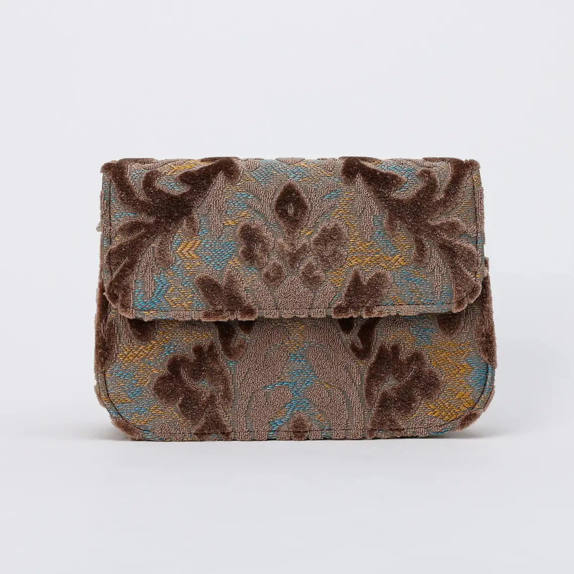 Burnout Velvet Camel Flap Crossbody Bag carpet bag of America overview