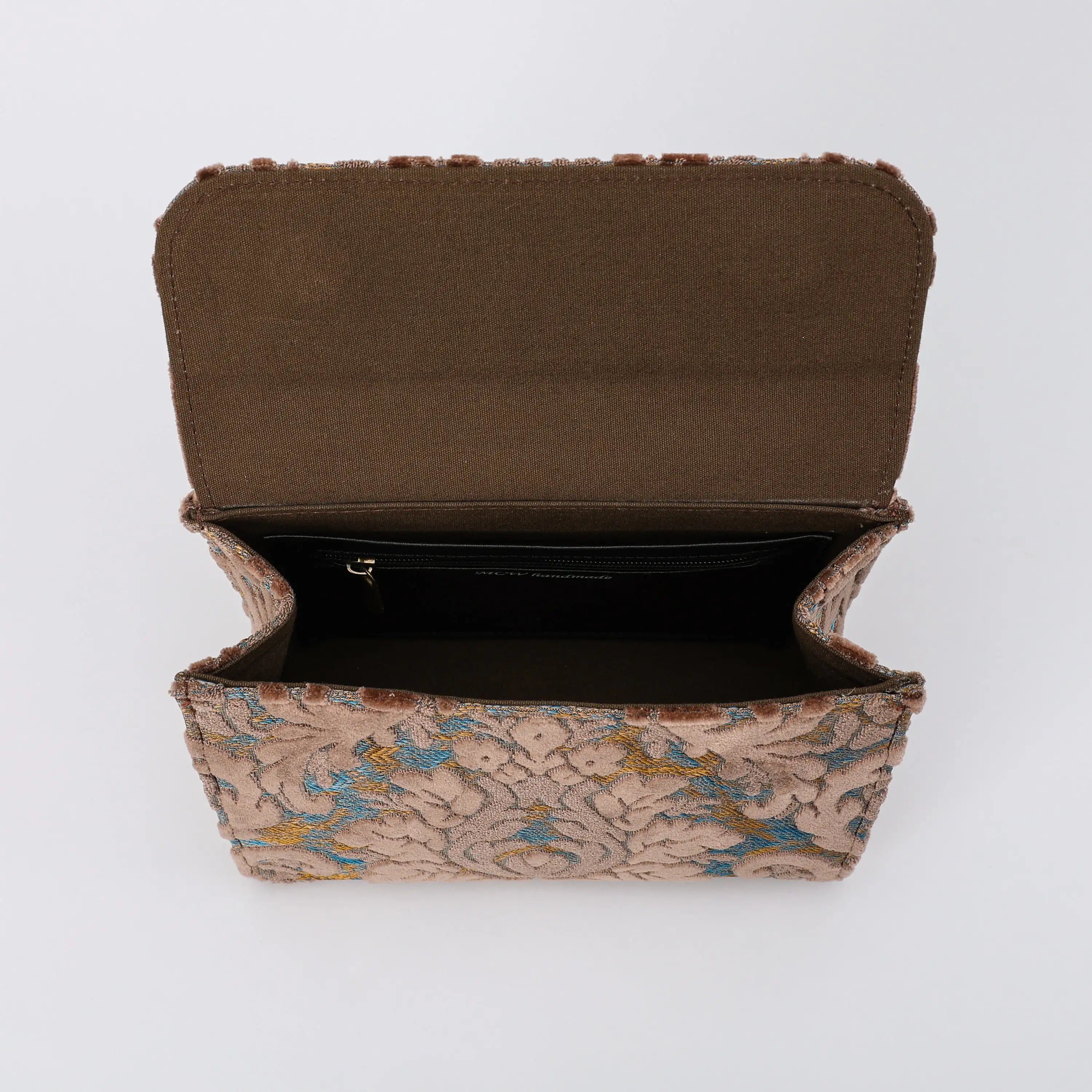 Burnout Velvet Camel Flap Satchel Carpetbag of America inside