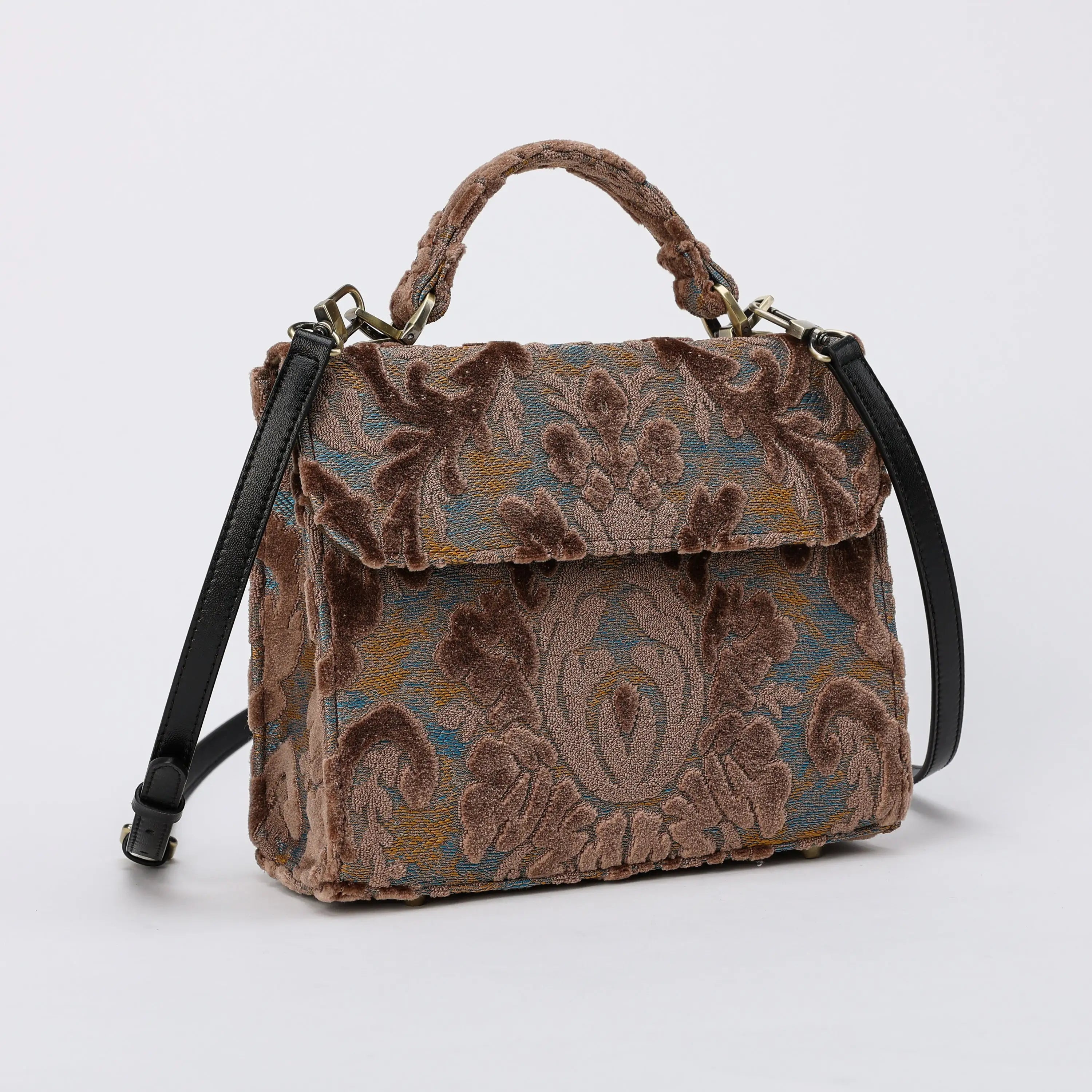 Burnout Velvet Camel Flap Satchel Carpetbag of America with shoulder strap