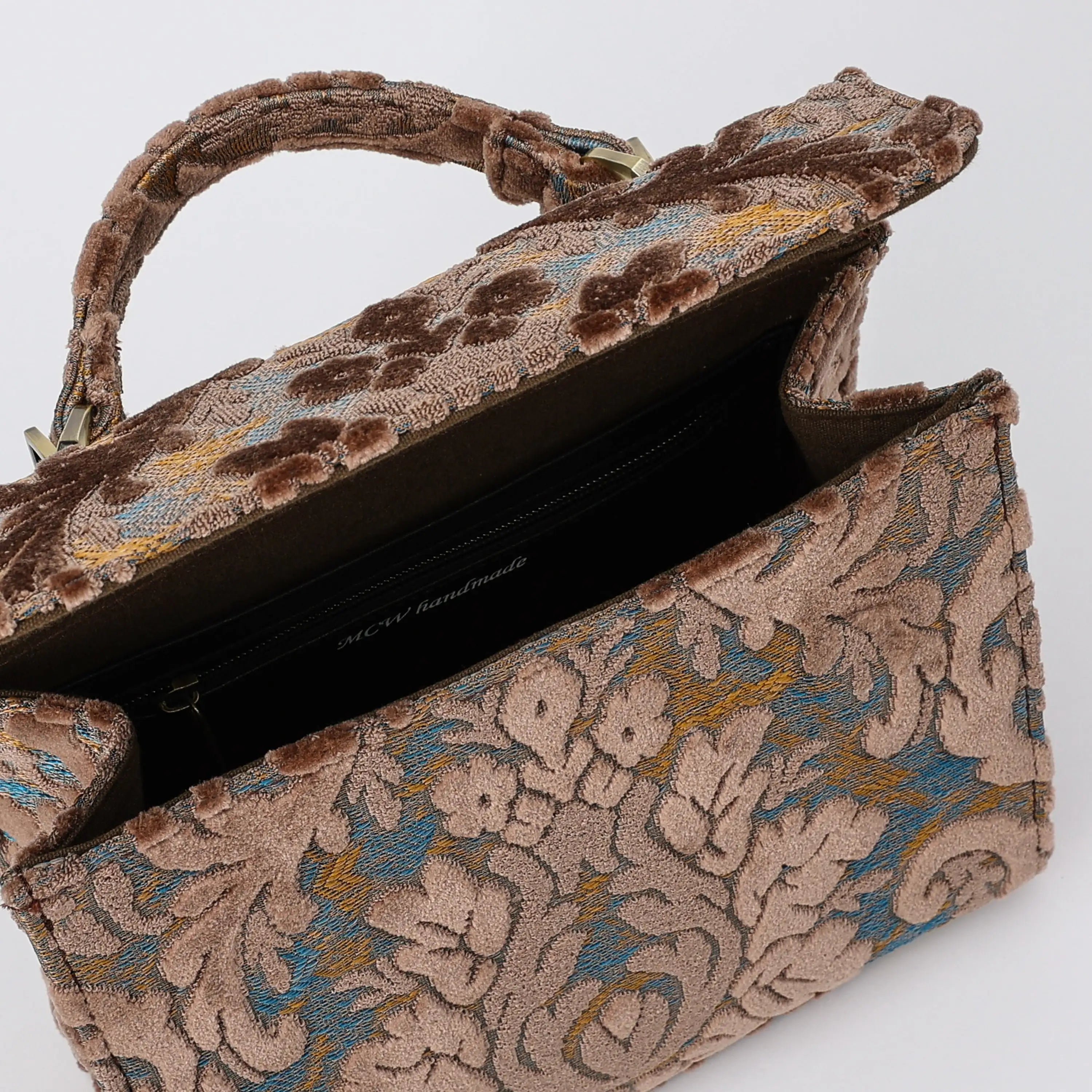 Burnout Velvet Camel Flap Satchel Carpetbag of America opening